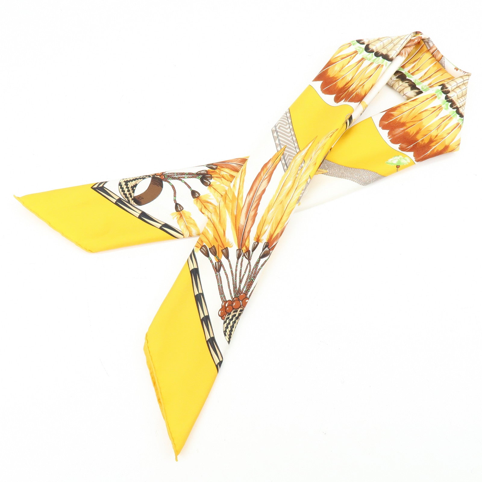 HERMES Carre 90 Silk 100% Scarf Brazil Yellow Brown