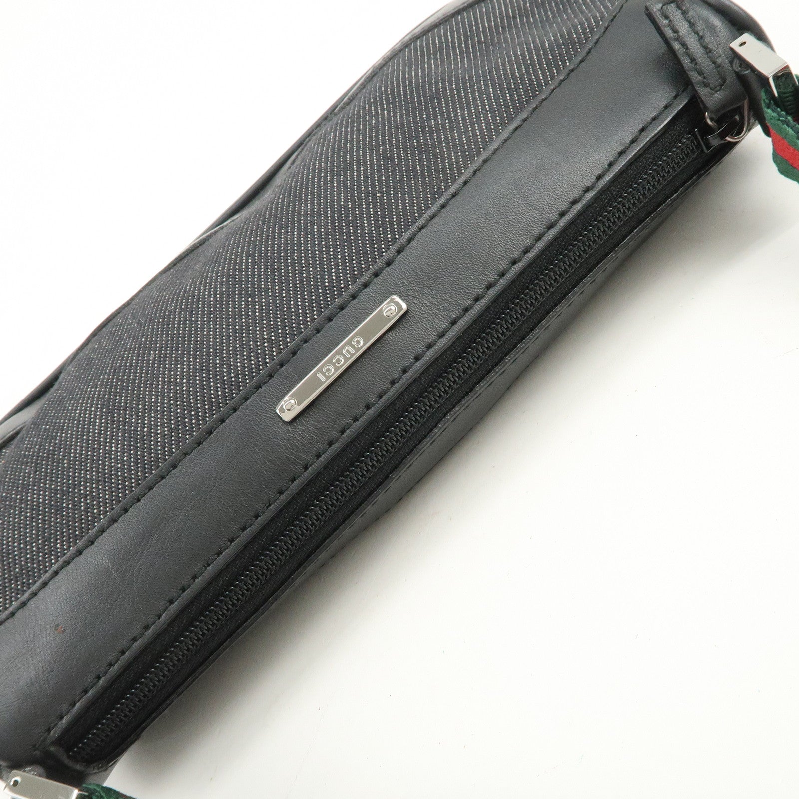 GUCCI Sherry Leather Denim Accessory Pouch Hand Bag Black 92820