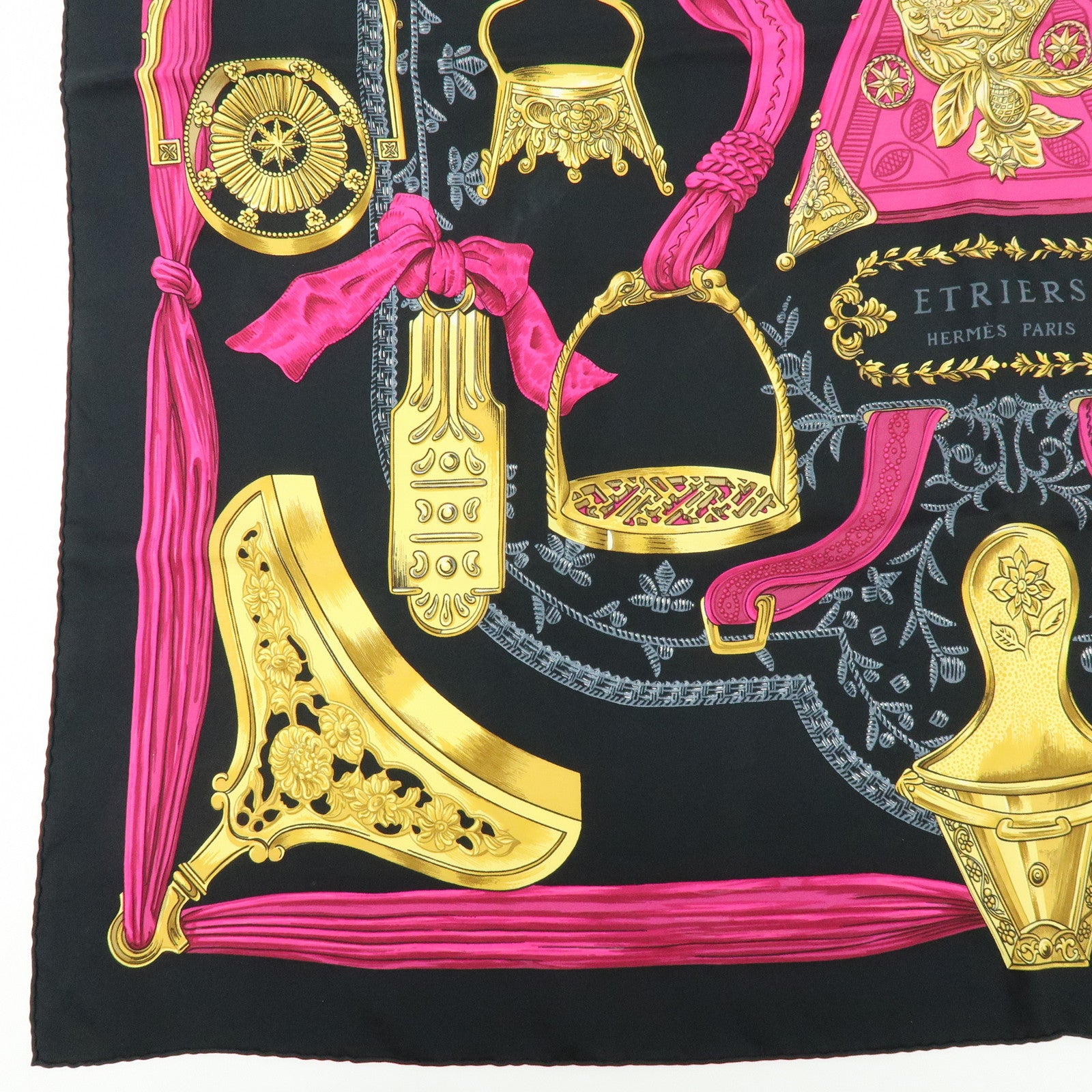 HERMES Carre 90 Silk 100% Scarf ETRIERS Stirrup Print Black Pink