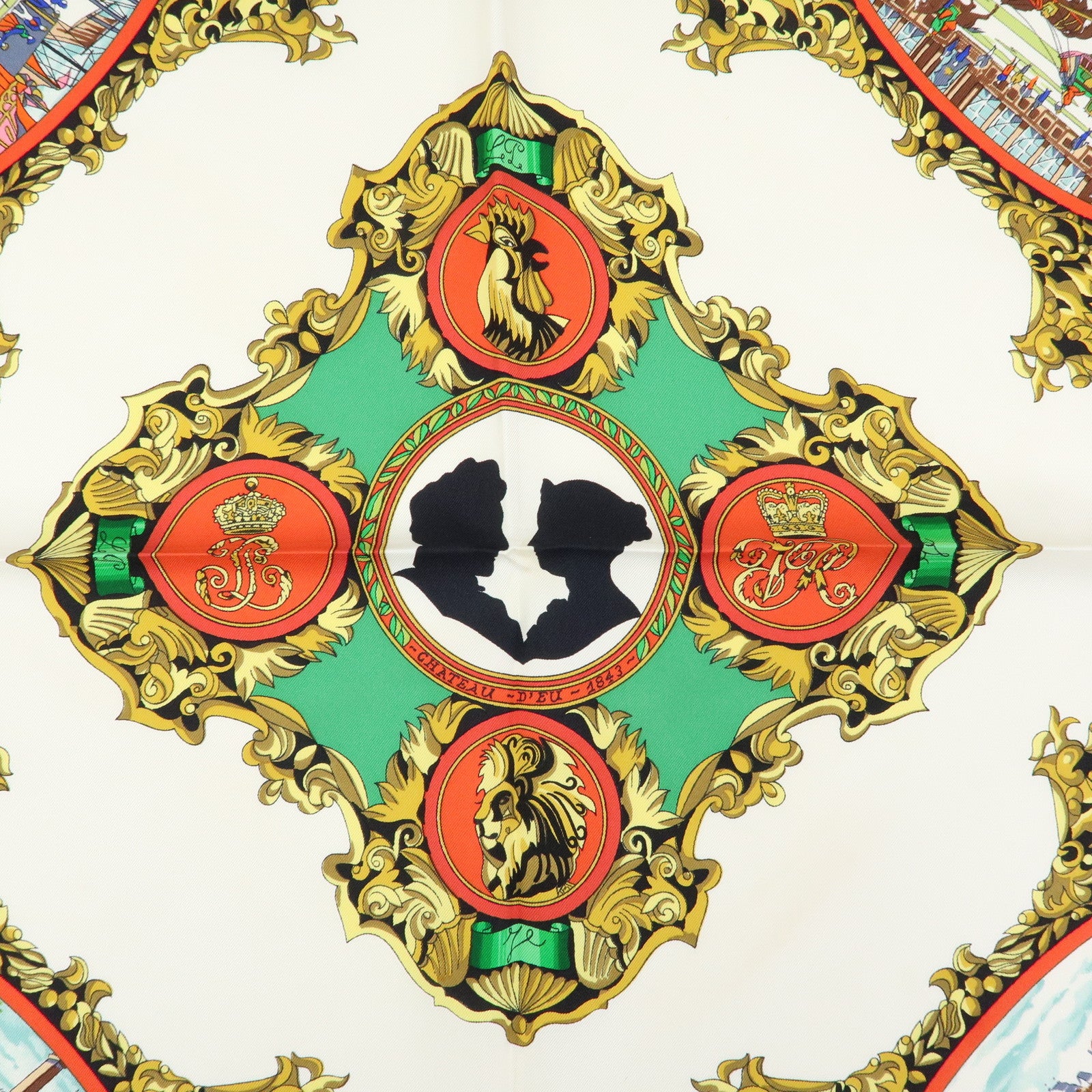 HERMES Carre 90 Silk100% Scarf L'Entente Cordiale Black White Green