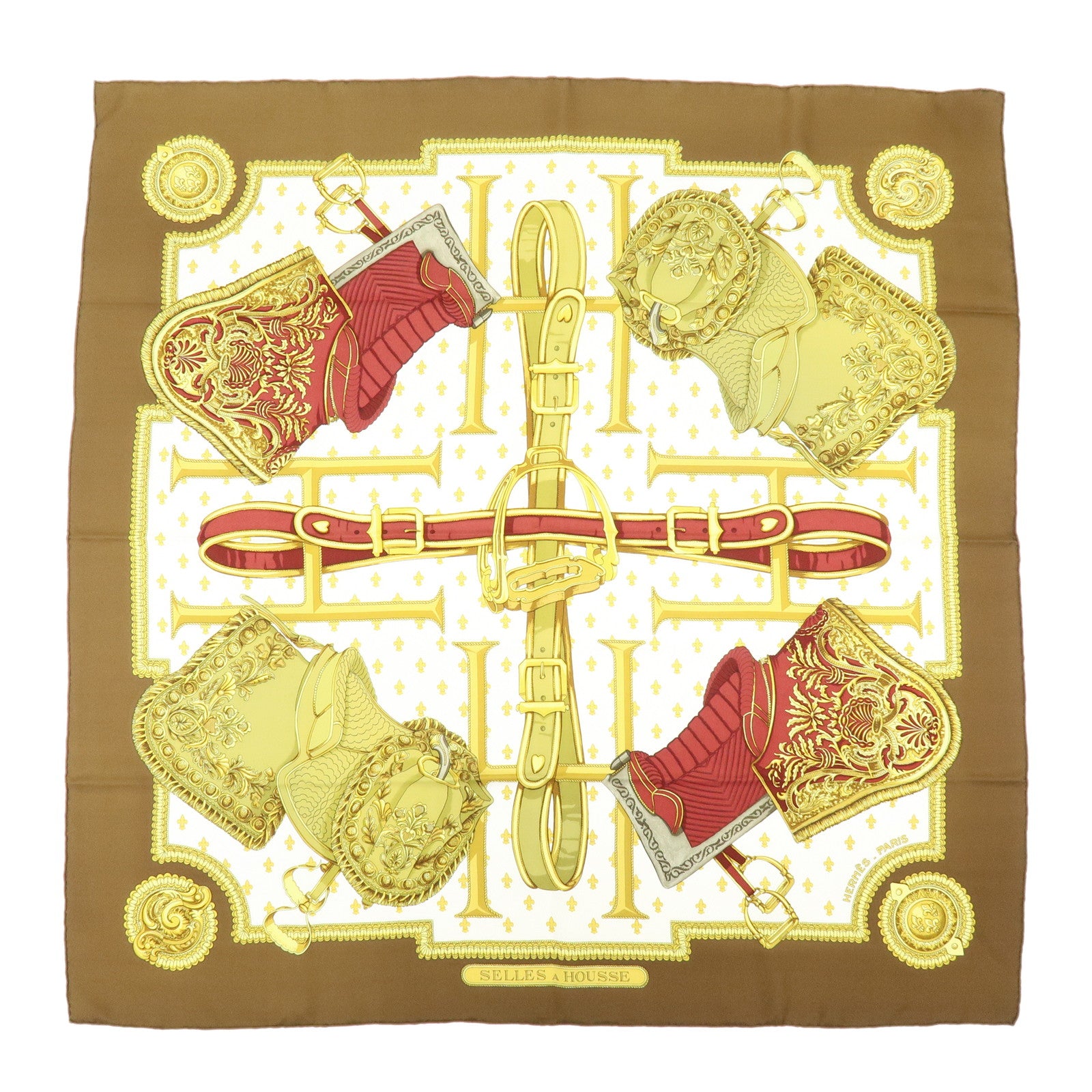HERMES Carre 90 Silk 100% Scarf SELLES A HOUSSE Gold Brown