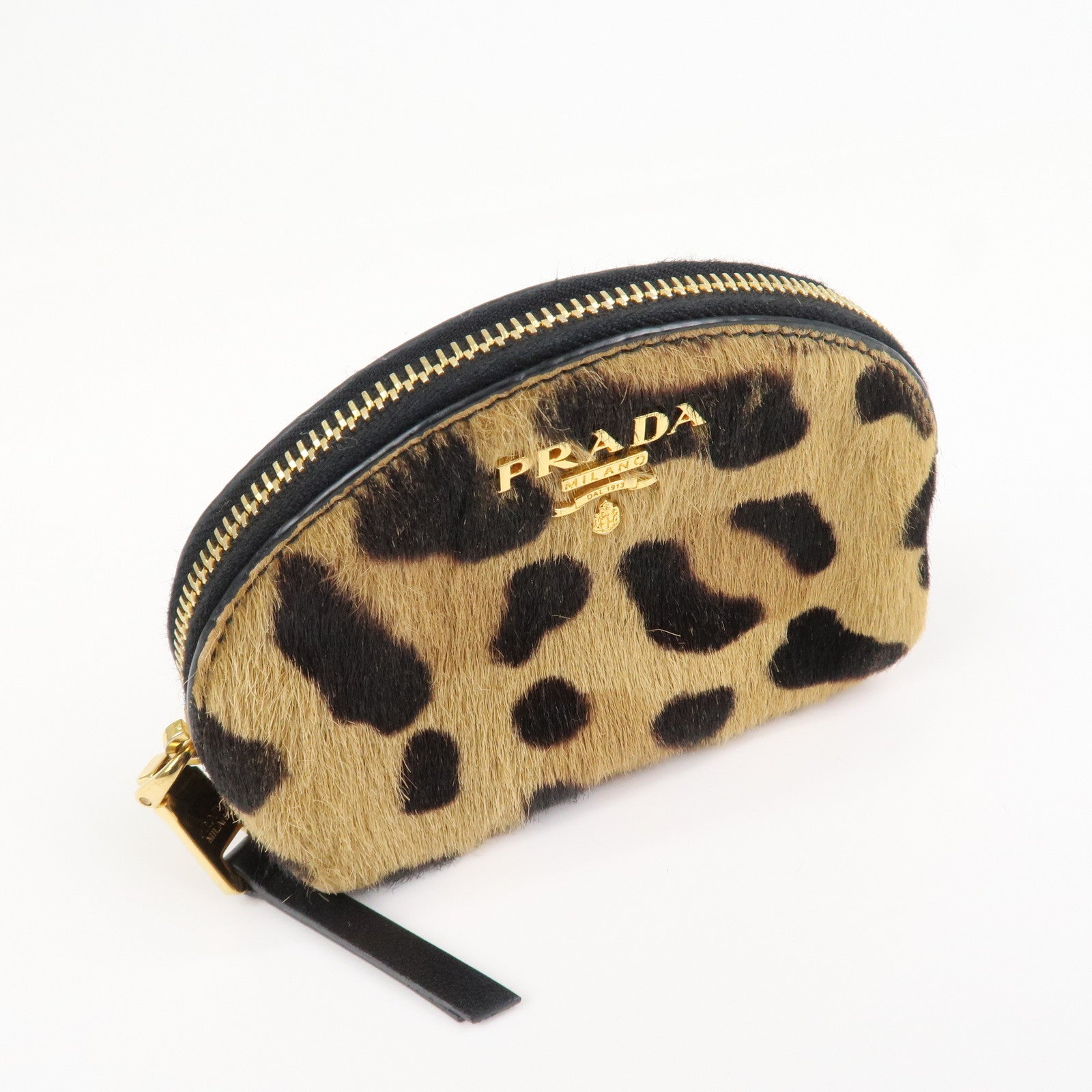 PRADA Logo Unborn Calf Coin Case Brown Animal Pattern