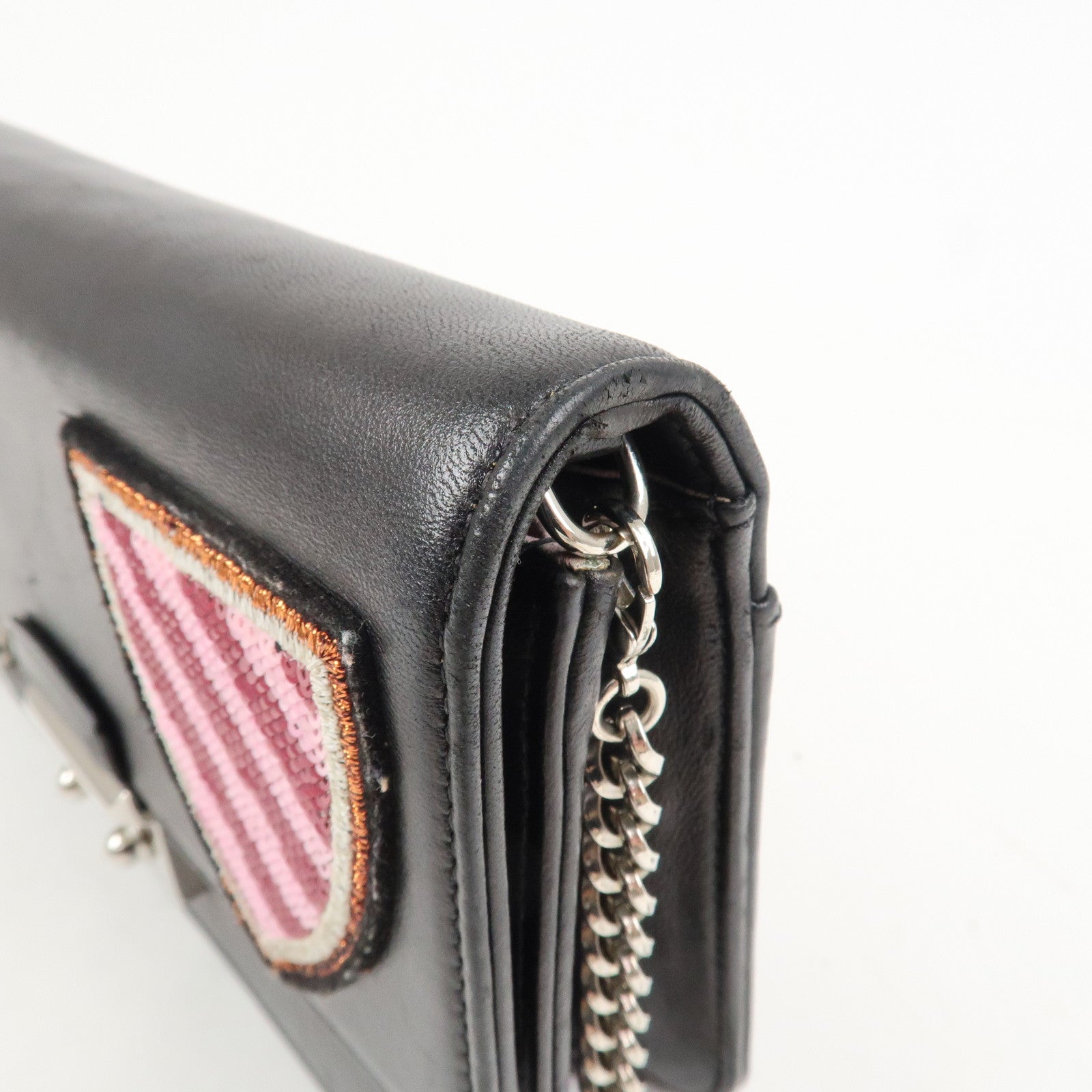 Christian Dior Leather Chain Shoulder Bag Heart Embroidery Black