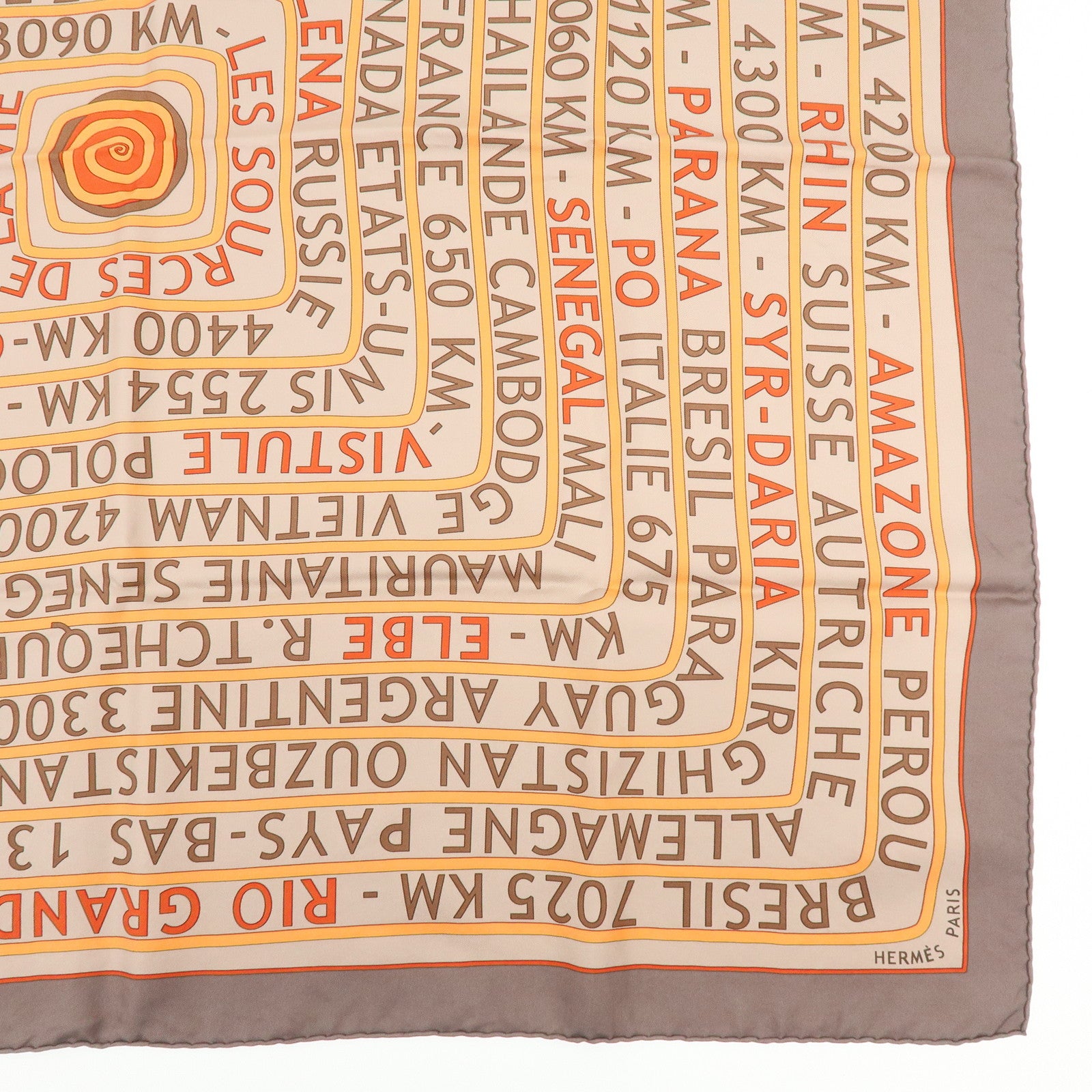 HERMES Carre 90 Silk 100% Scarf  LES SOURCES DE LA VIE Brown Orange