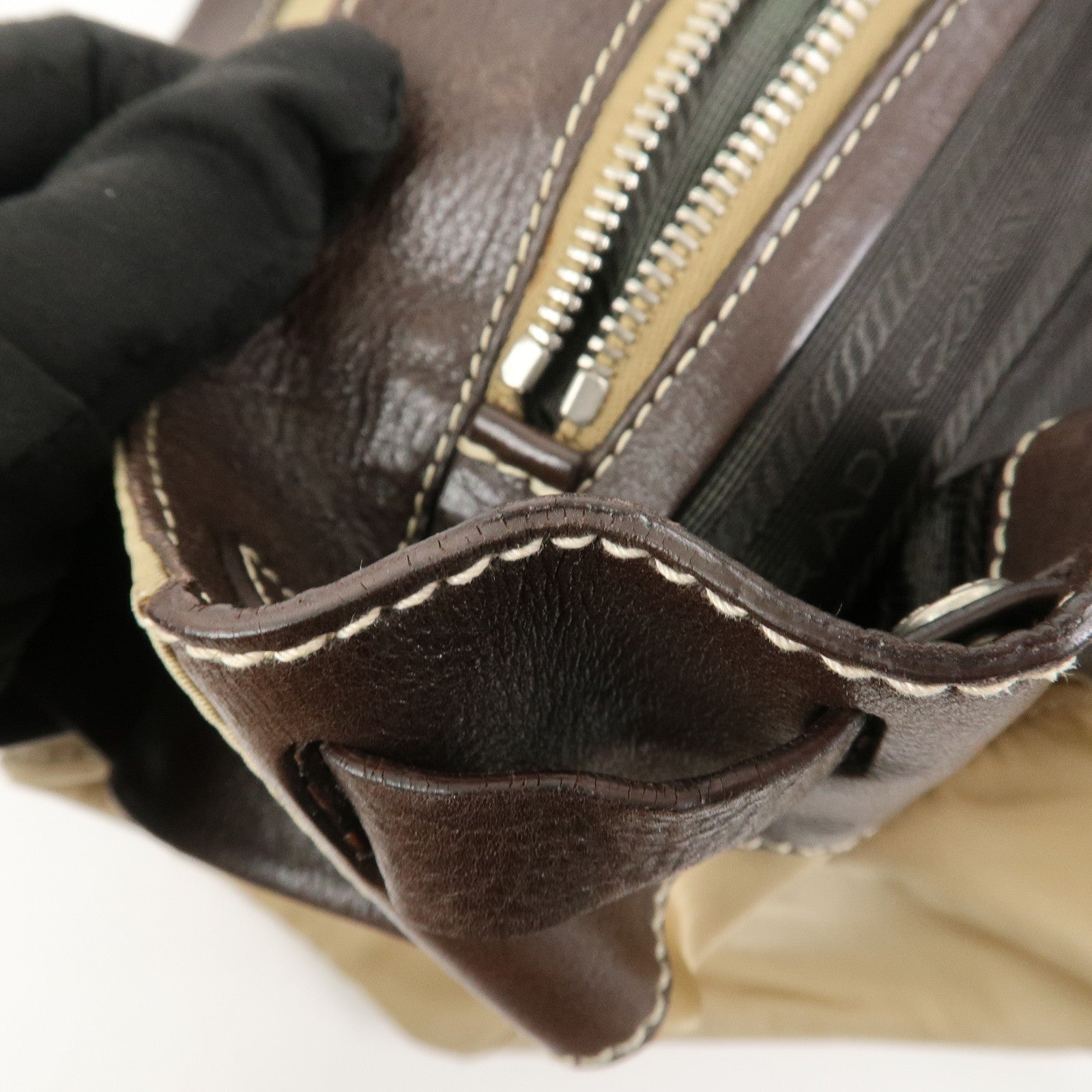 PRADA Triangle Logo Leather Nylon Shoulder Bag Brown BR2418