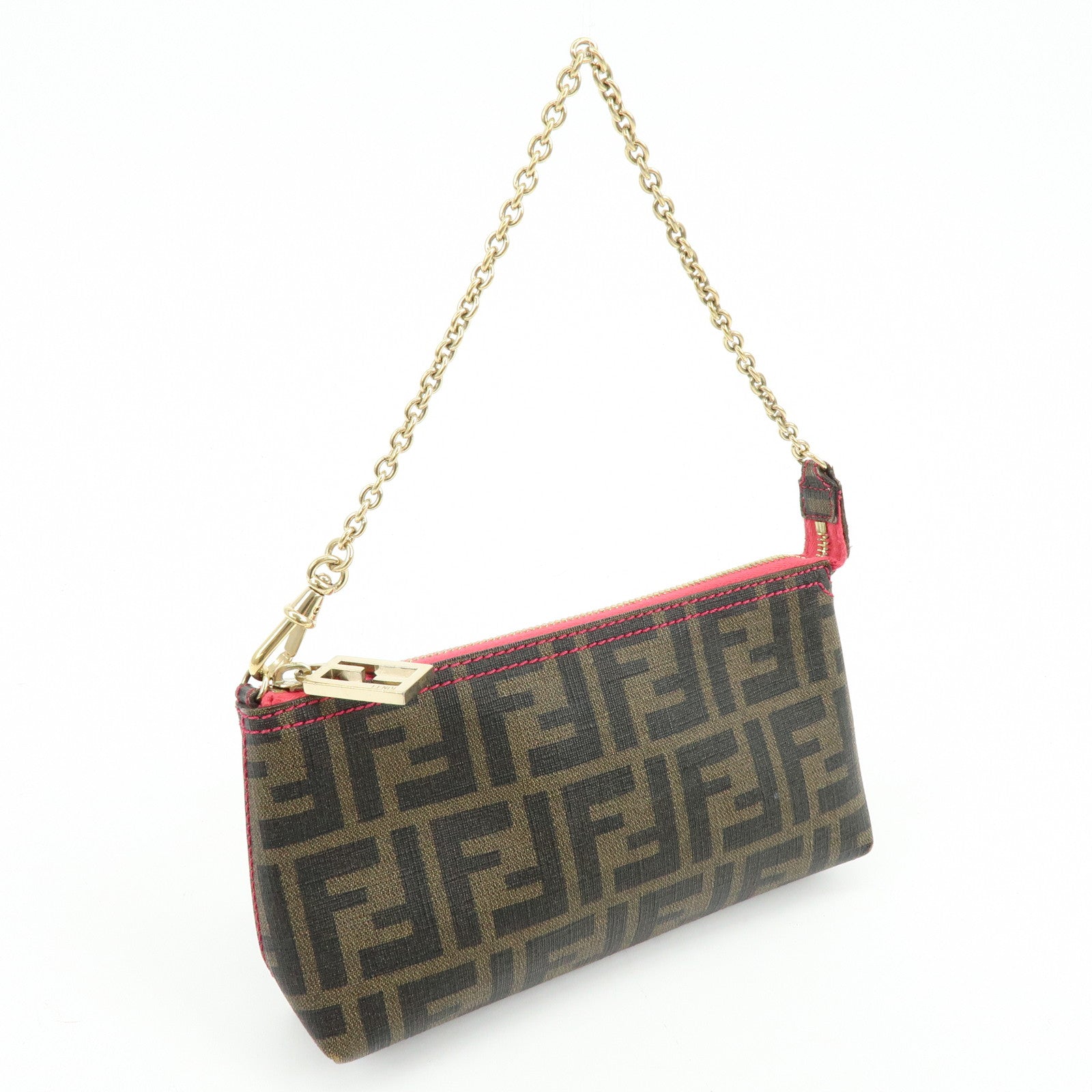 FENDI Zucca Print PVC Chain Accessory Pouch Hand Bag Pink 8BR592
