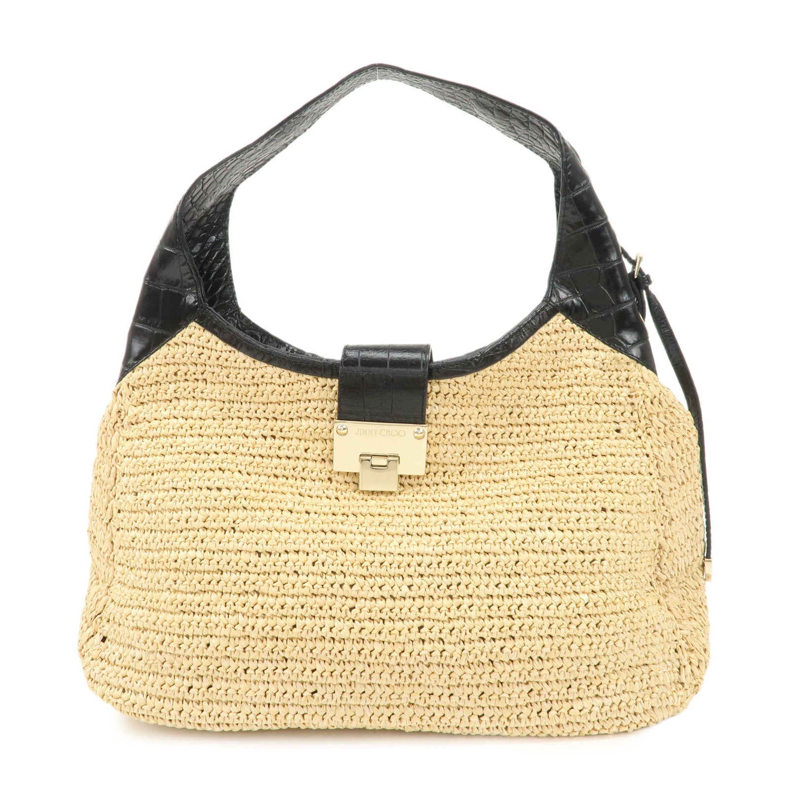 JIMMY CHOO Raffia Embossed Leather One Shoulder Bag Natural Black