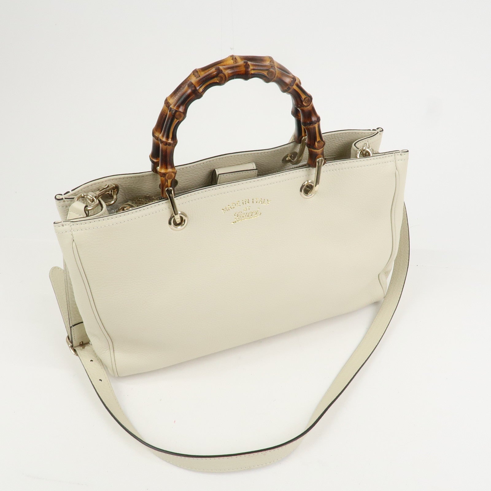 GUCCI Bamboo Leather Shopper Medium 2Way Shoulder Bag Ivory 323660