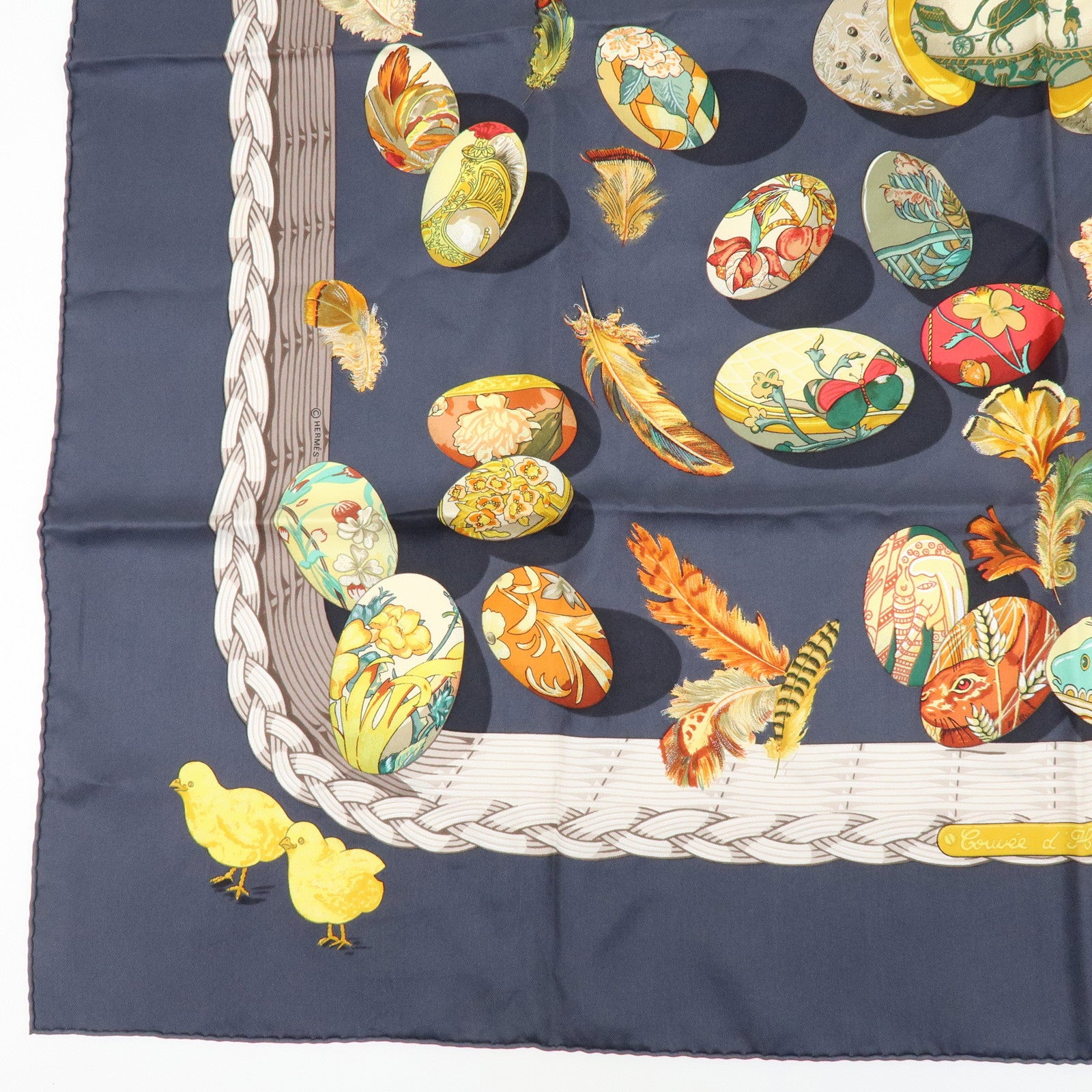 HERMES Carre 90 Silk 100% Scarf COUVEE D HERMES Egg Print Grey
