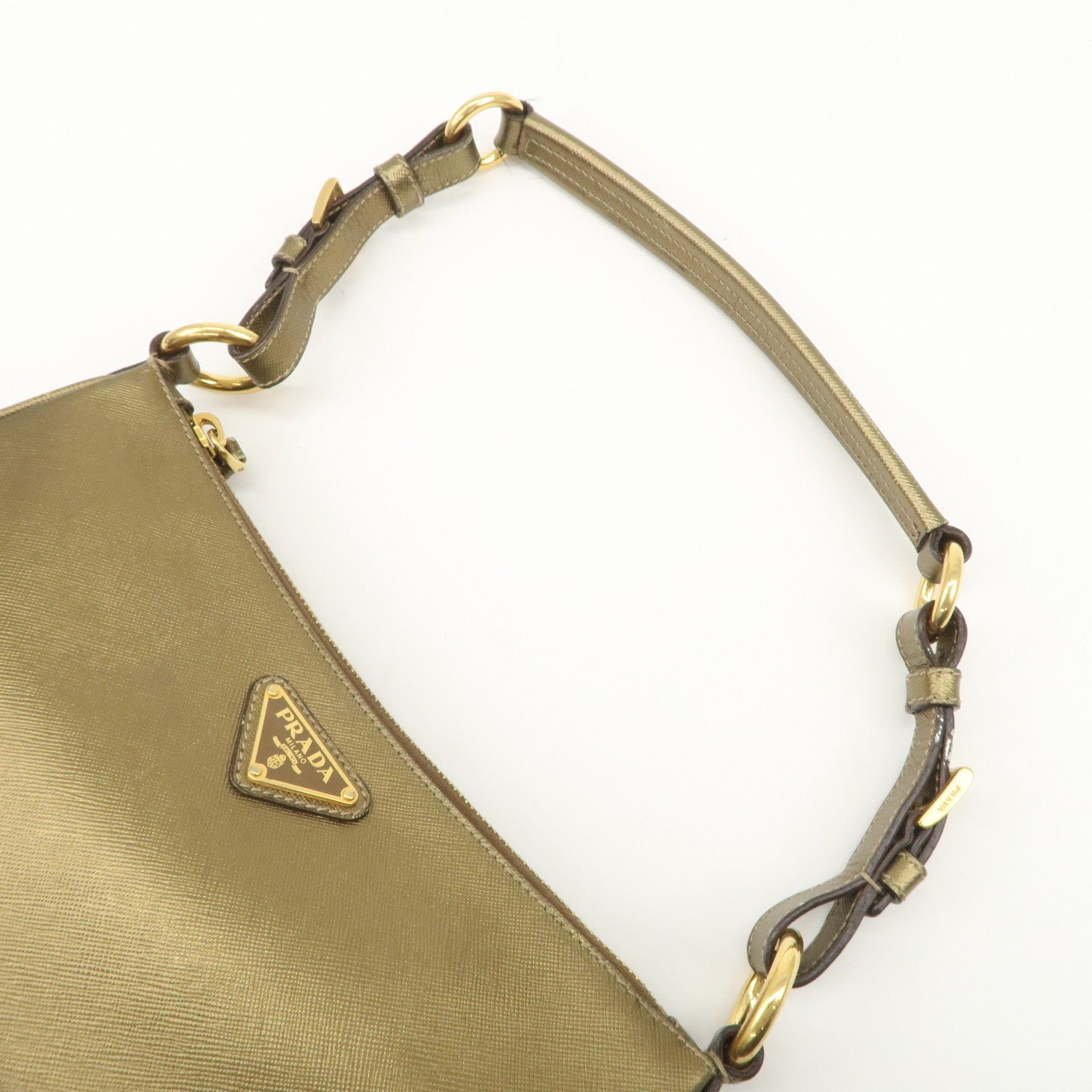 PRADA Triangle Logo Saffiano Leather Shoulder Bag Hand Bag Gold