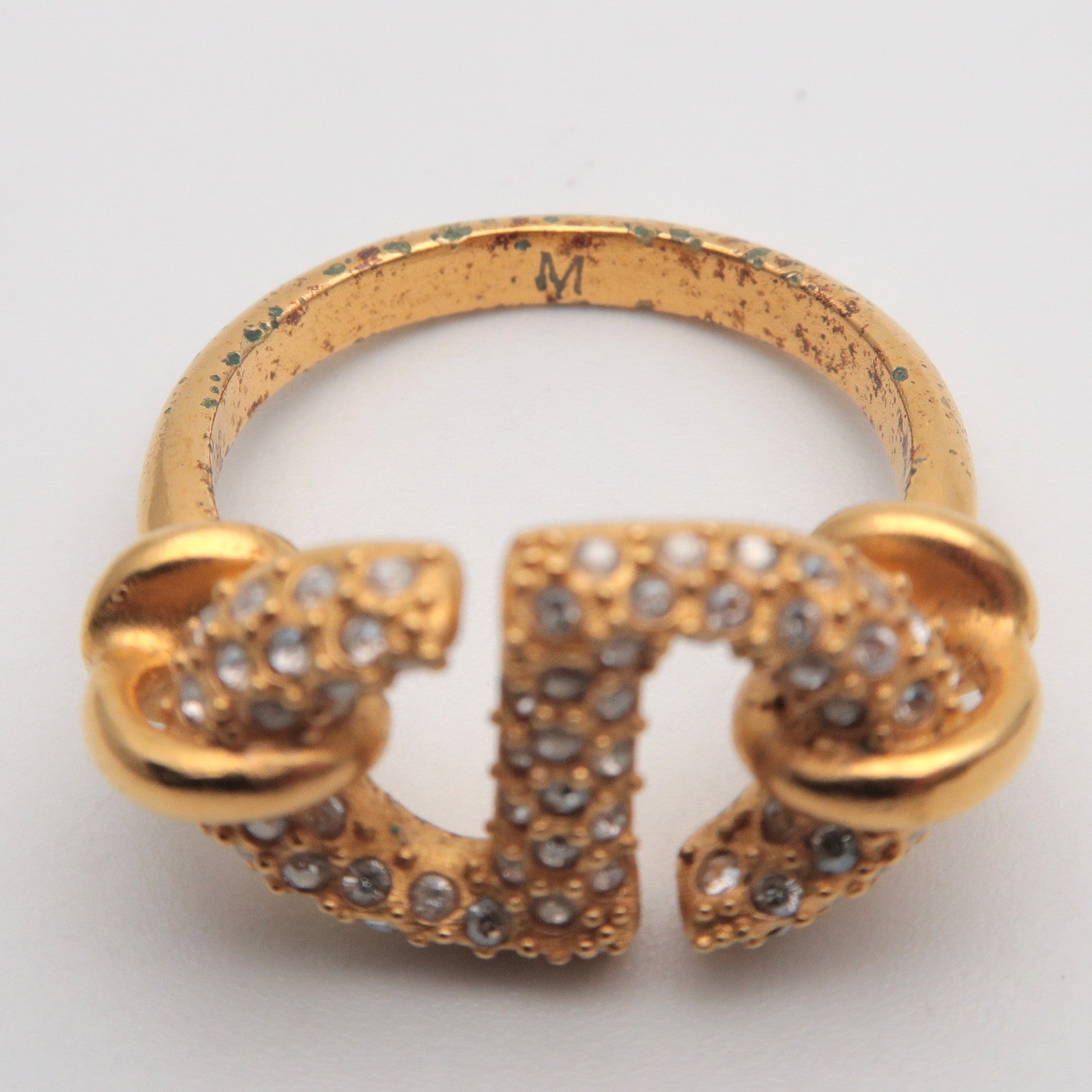 Christian Dior CD Logo Metal Rhinestone Ring M Gold US5 EU49