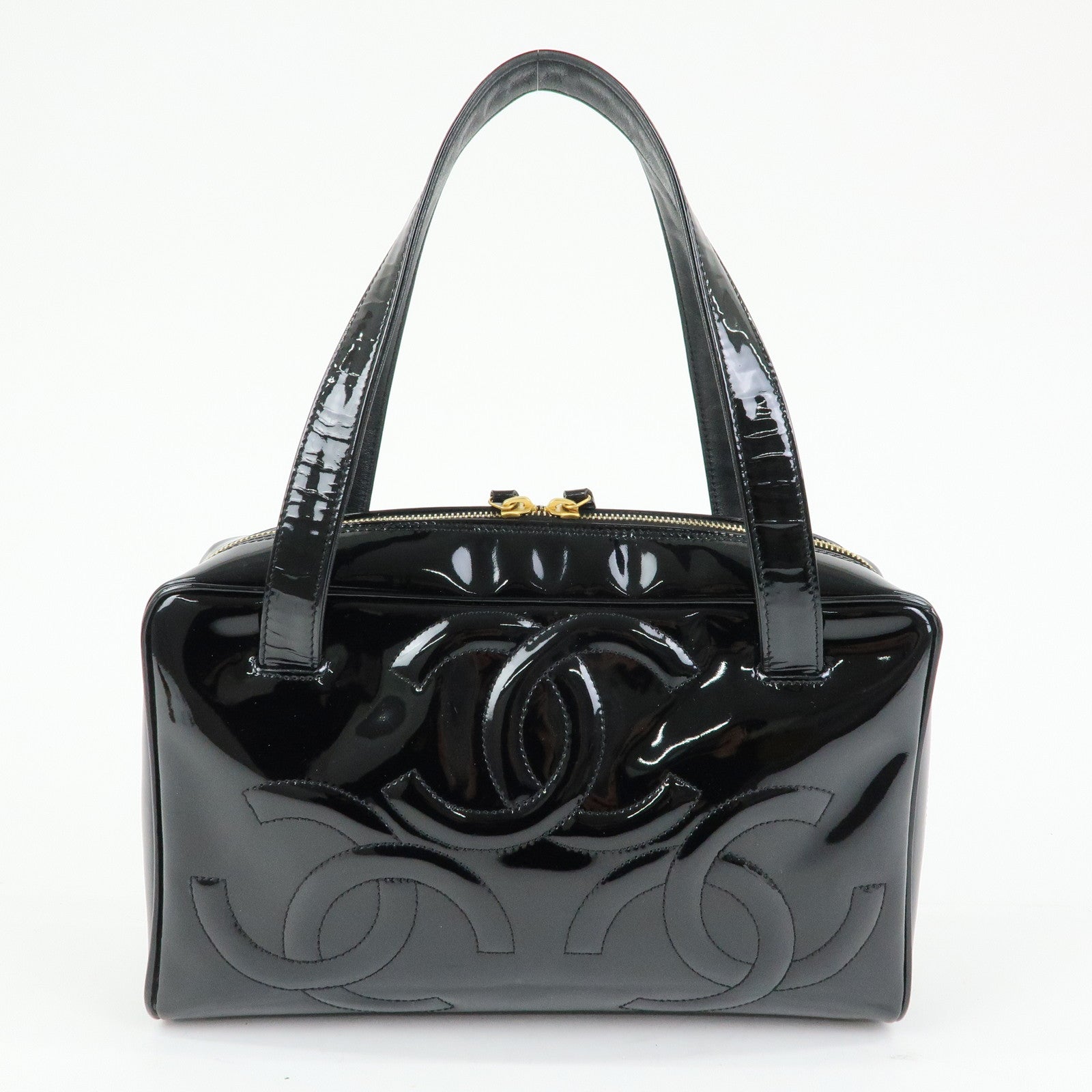 CHANEL Triple COCO Mark Patent Leather Tote Bag Hand Bag Black