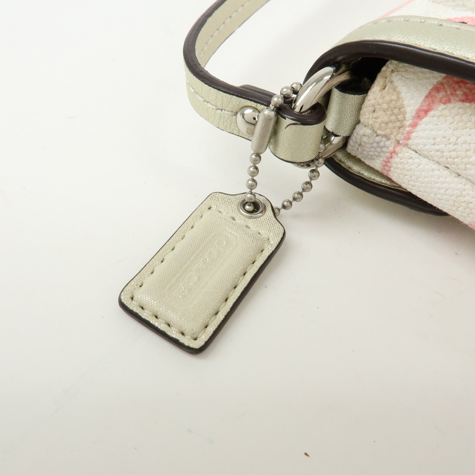 COACH Signature Canvas Sequins Leather Hand Bag Beige Light Gold