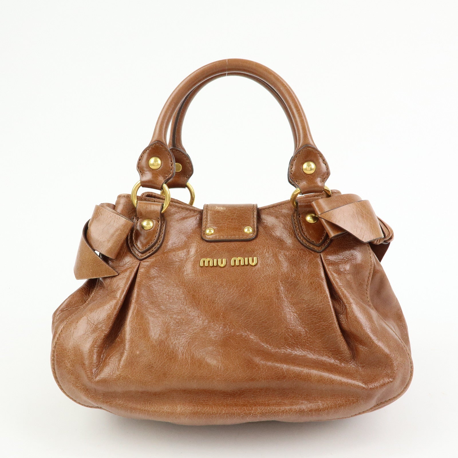 MIU MIU Leather 2Way Bag Hand Bag Shoulder Bag Side Ribbon Brown