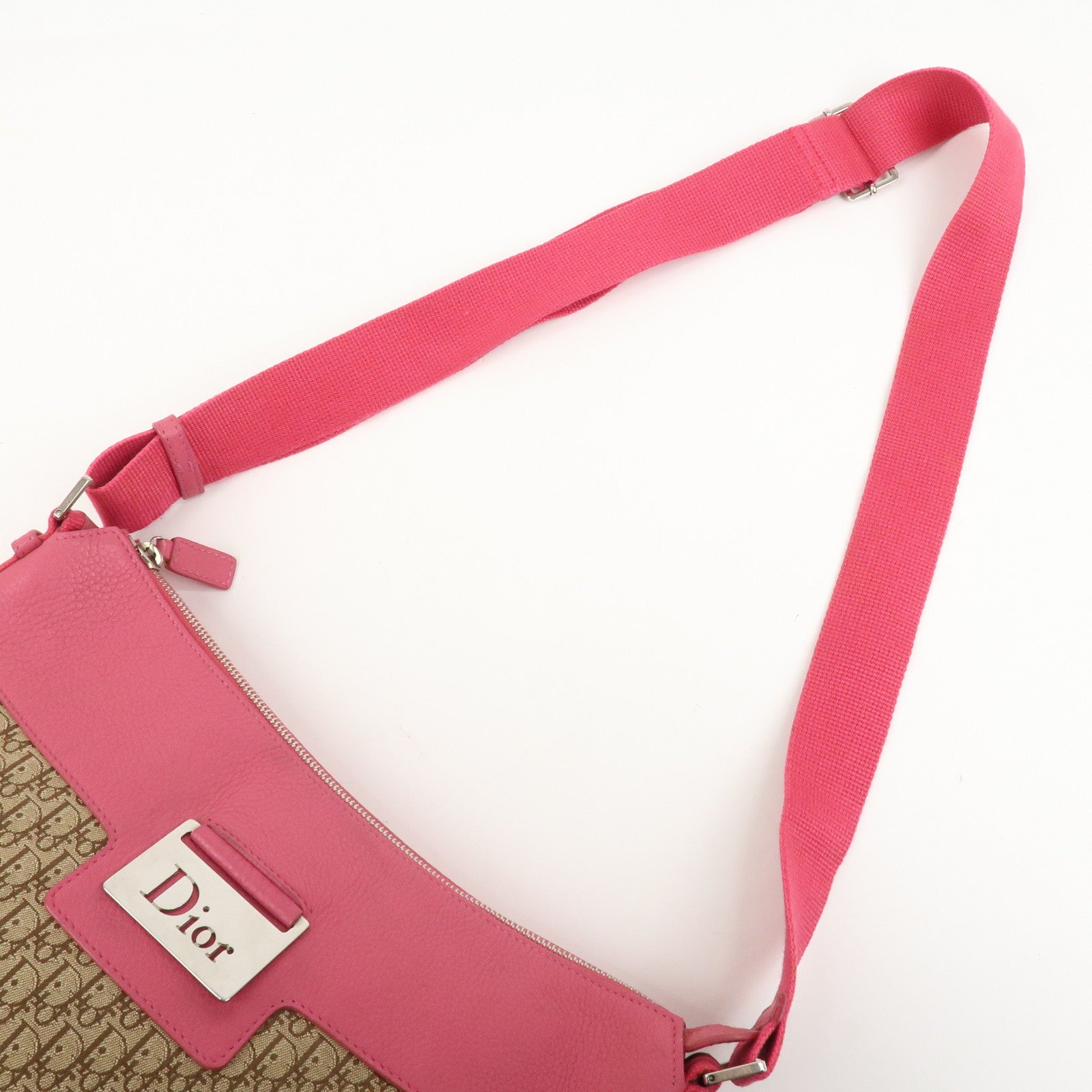 Christian Dior Trotter Canvas Leather Shoulder Bag Beige Pink