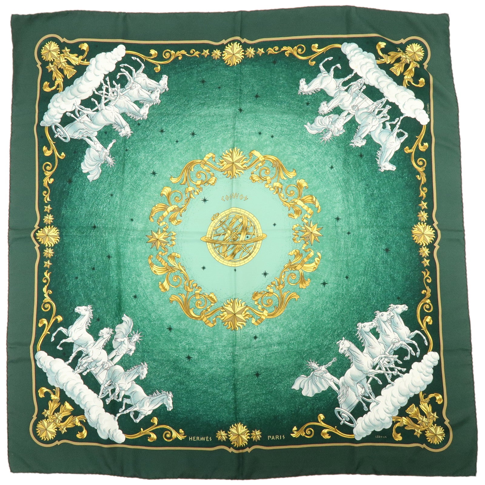 HERMES Carre 90 Silk 100% COSMOS Scarf Green