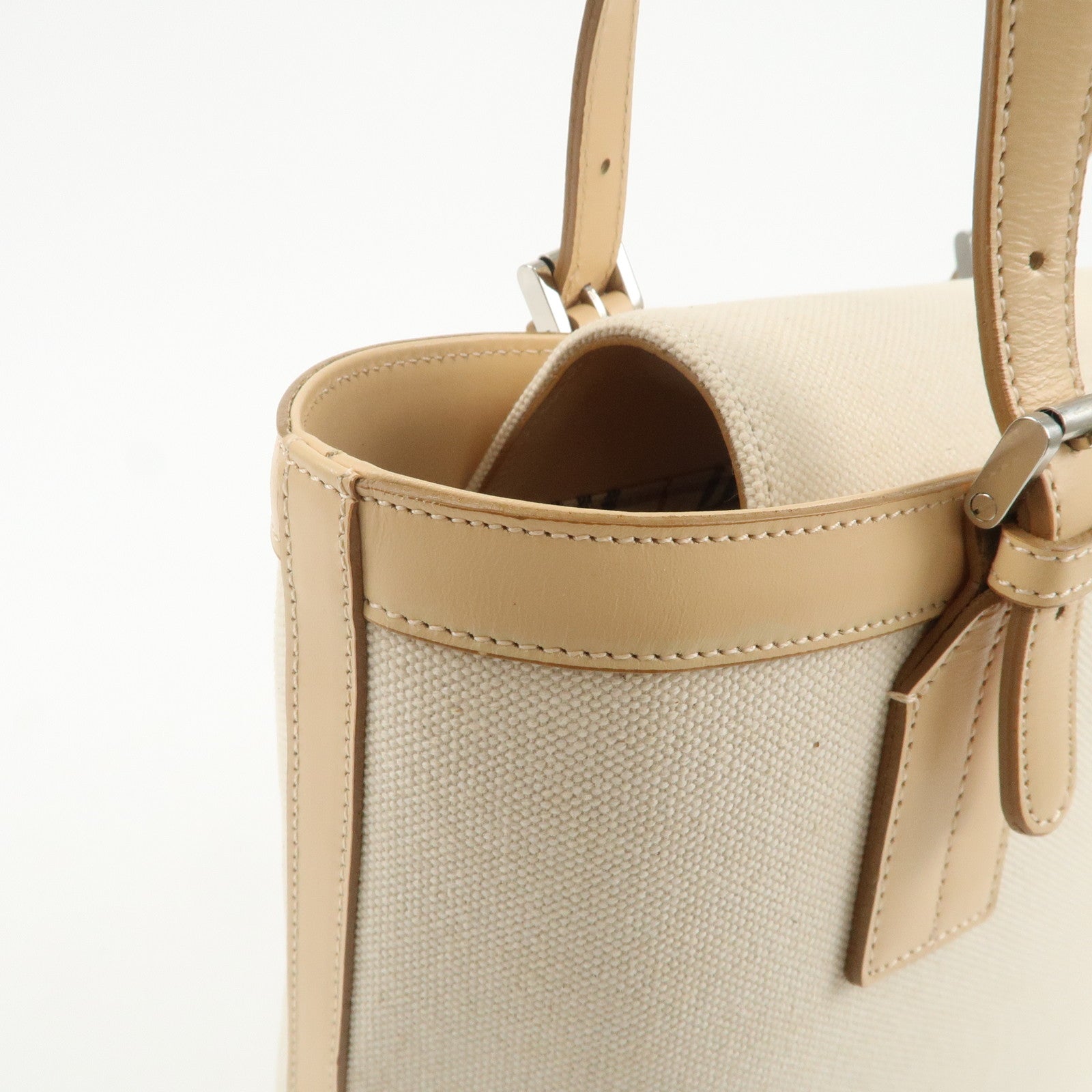 BURBERRY Cotton Leather Tote Bag Hand Bag Natural Beige