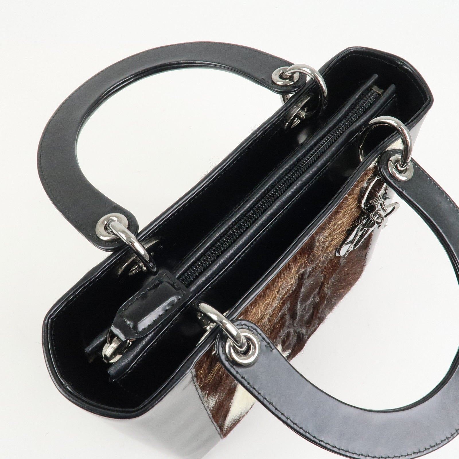 Christian Dior Lady Dior Unborn Calf Patent Leather Hand Bag Black