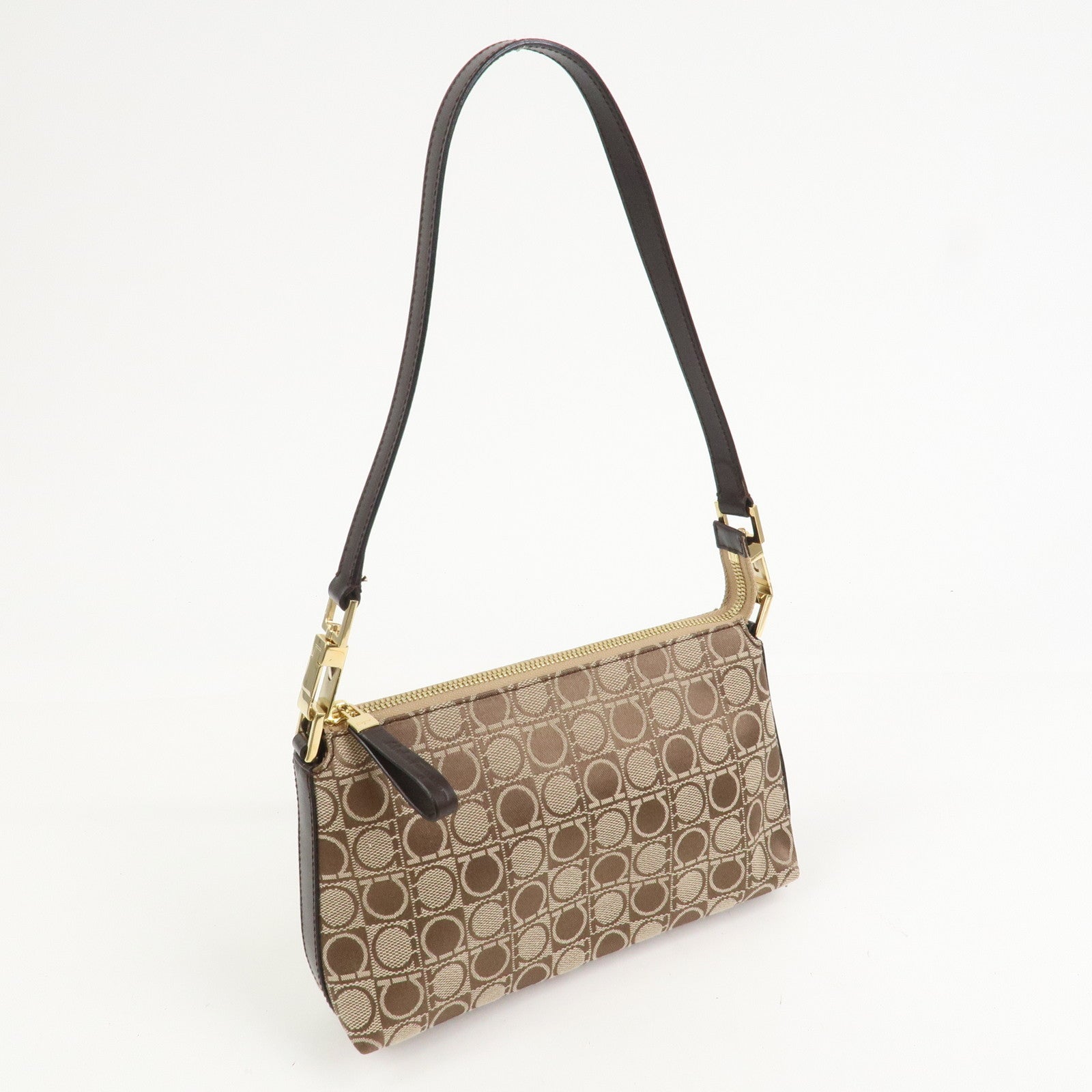 Ferragamo Gancini Canvas Leather Shoulder Bag Hand Bag Brown