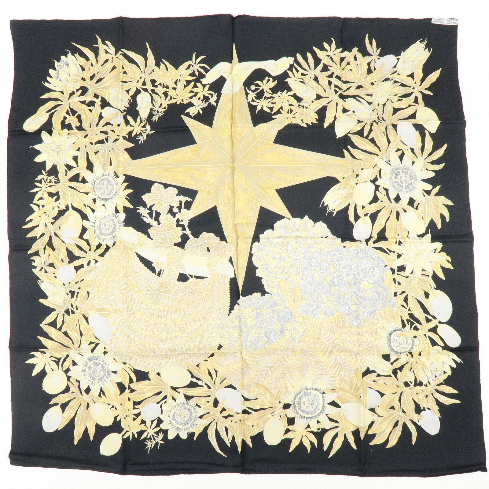 HERMES Carre 90 Silk 100% Scarf PASSIFLORES Black Gold