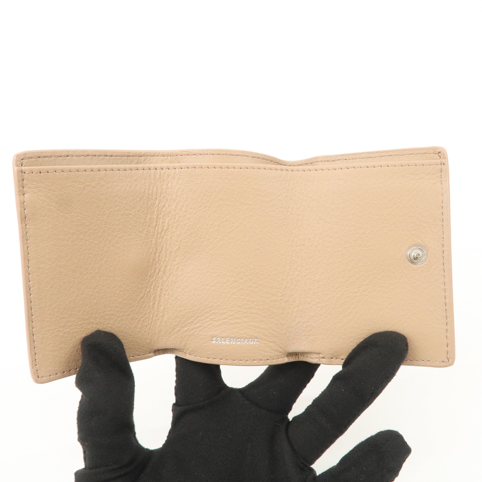 BALENCIAGA Leather Tri-fold Compact Wallet Beige 391446