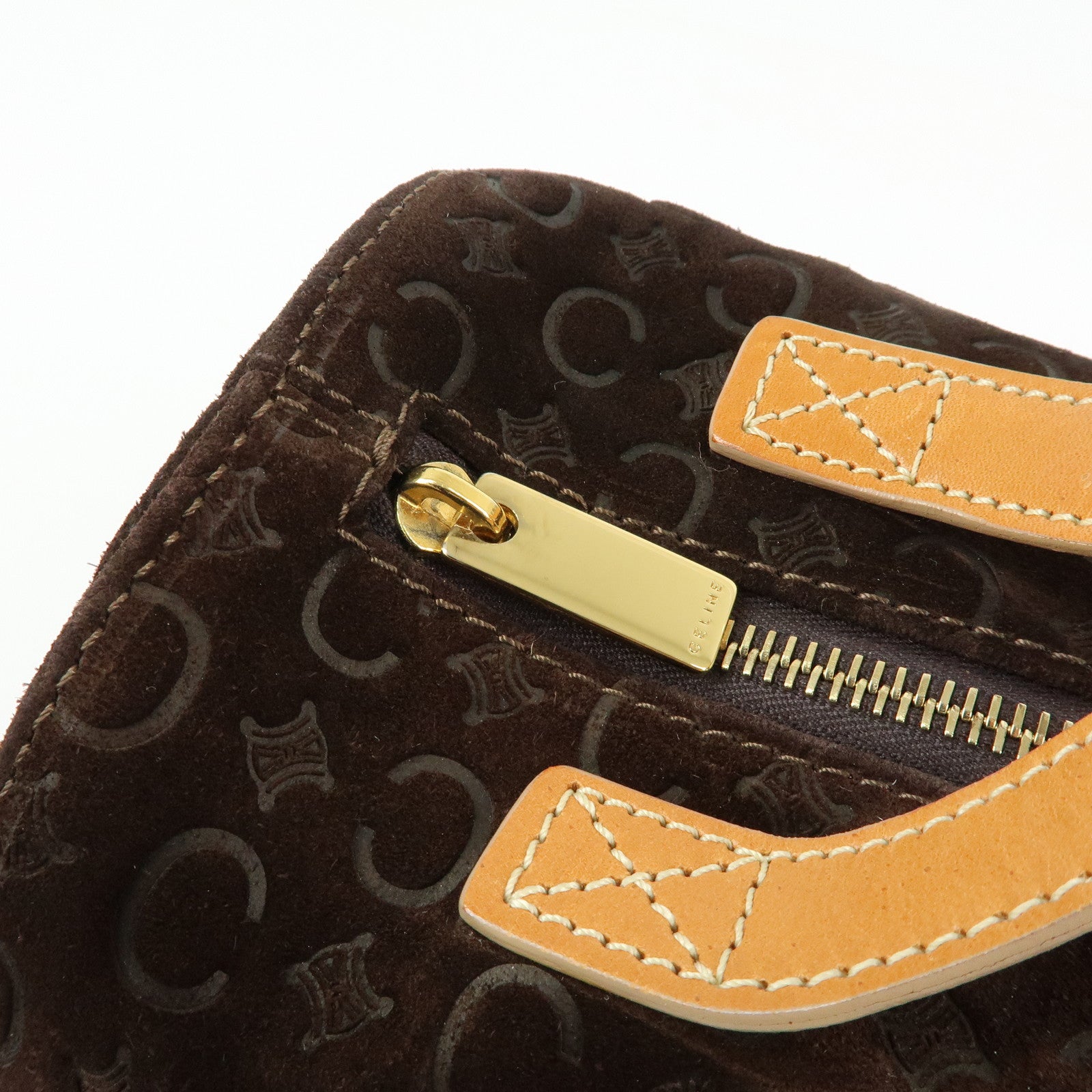 CELINE C Macadam Suede Leather Hand Bag Drum Bag Dark Brown