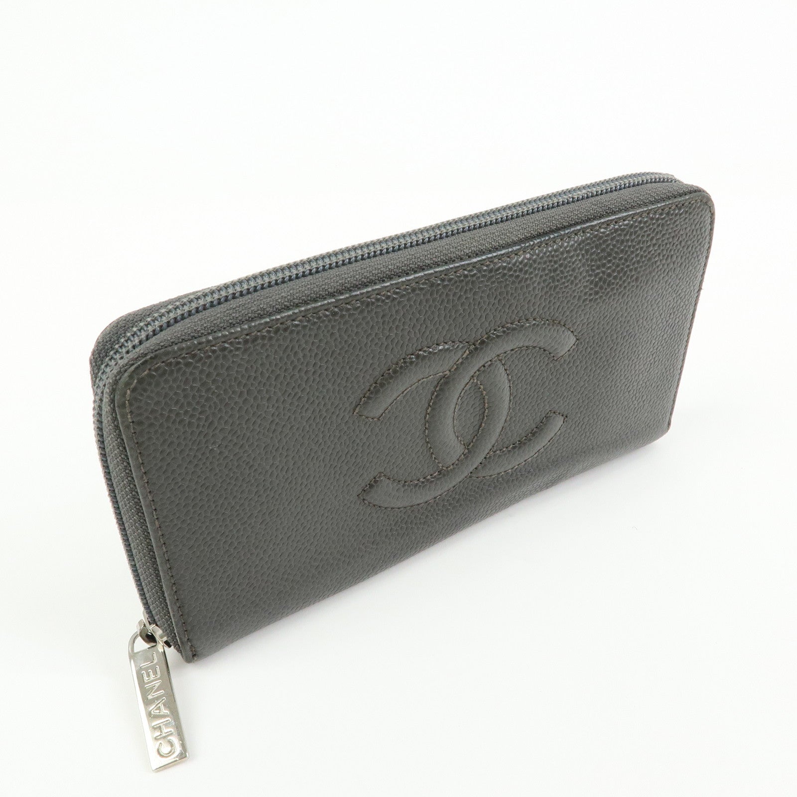 CHANEL COCO Mark Caviarskin Round Zippy Long Wallet Gray