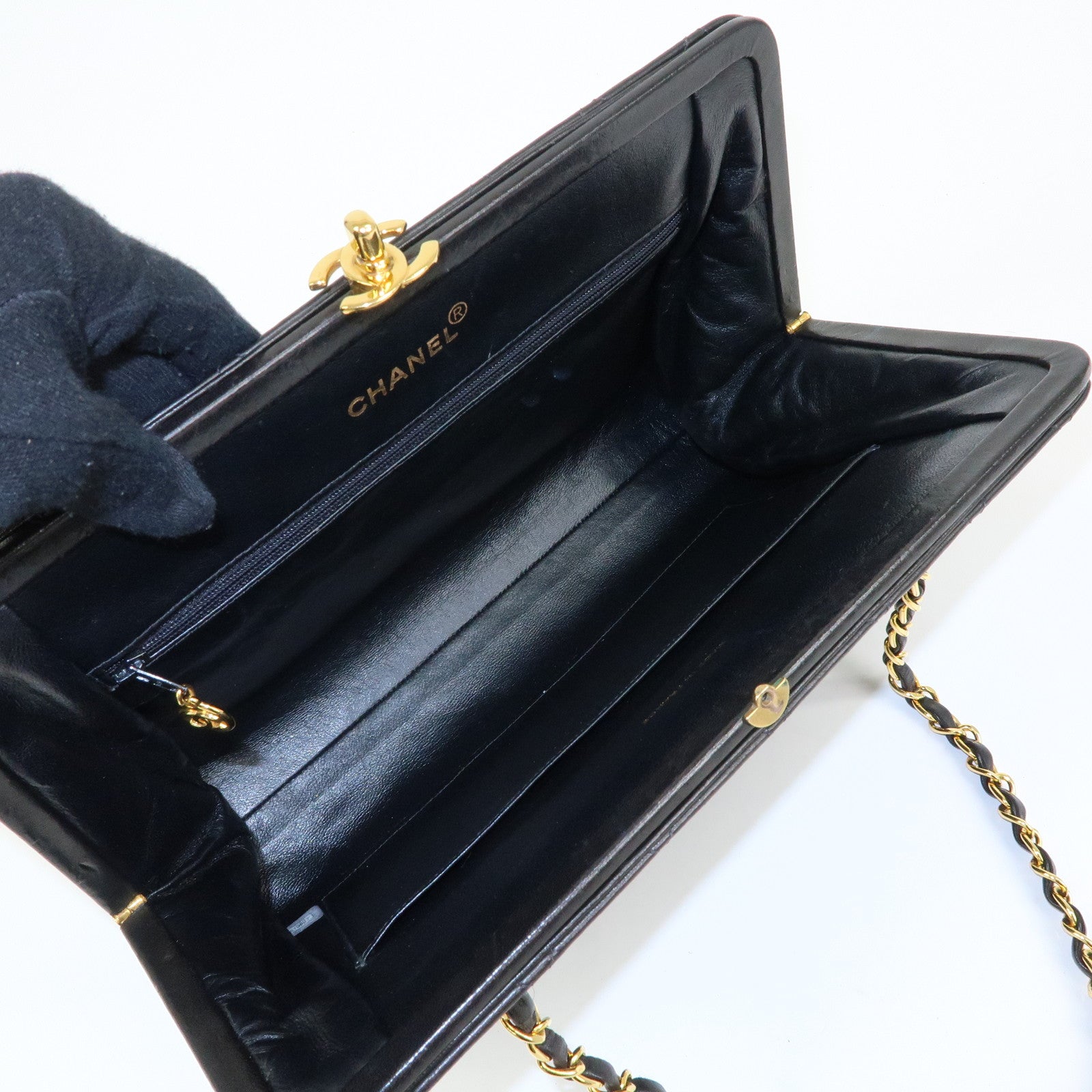 CHANEL Matelasse Lamb Skin Chain Kiss Lock Shoulder Bag Black Gold