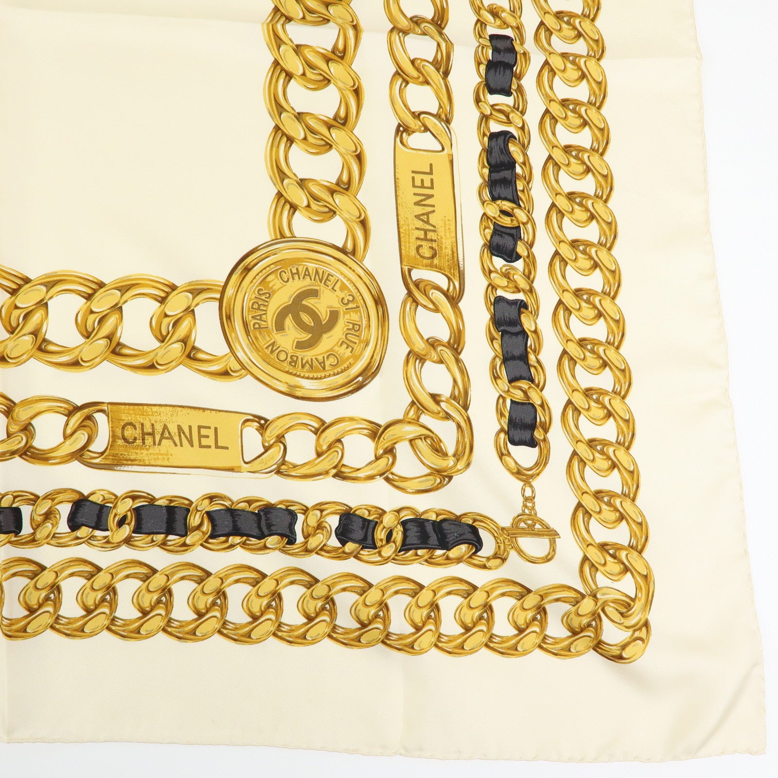 CHANEL Silk 100% Scarf Chain Medal Motif Beige Gold