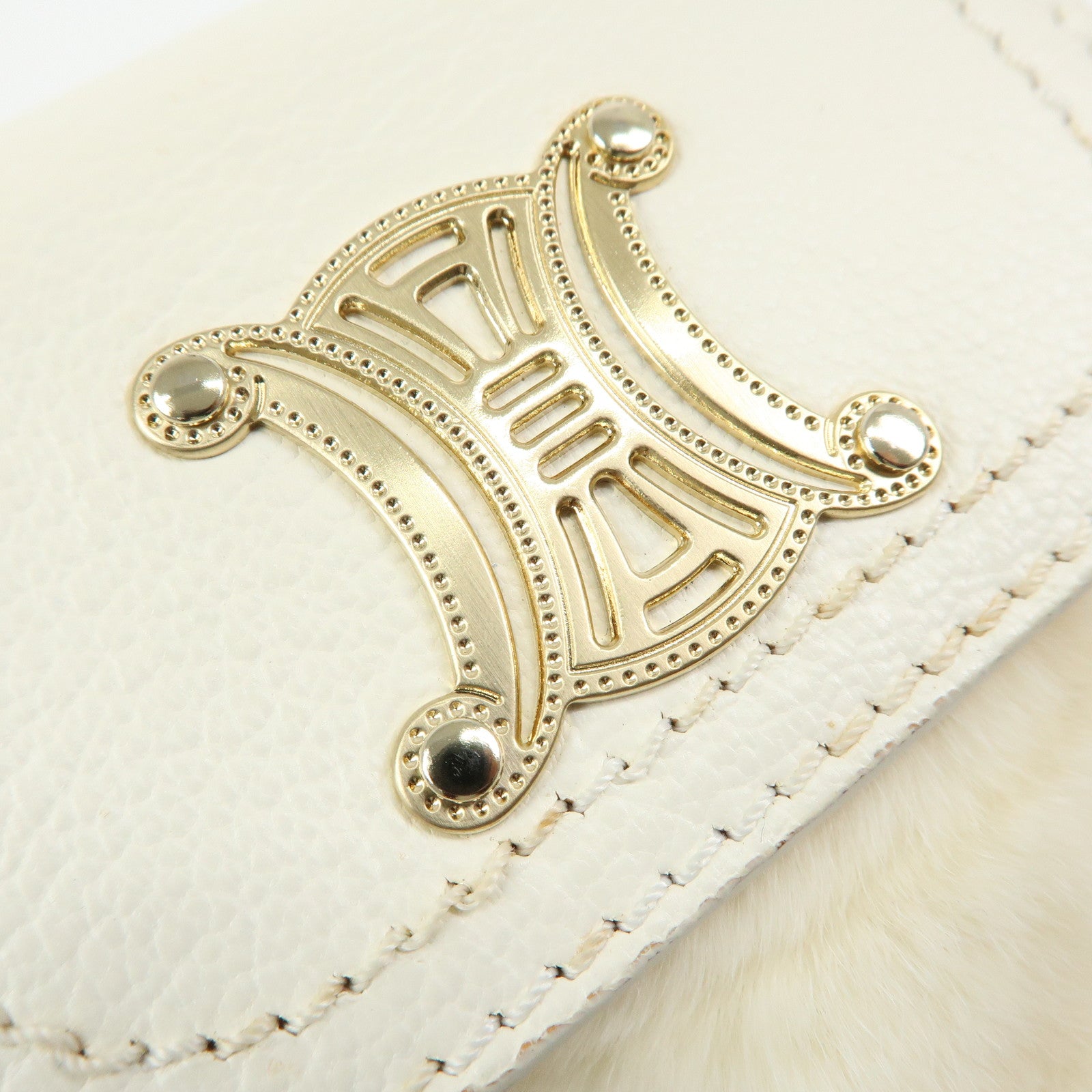 CELINE Triomphe Leather Lapin Fur Shoulder Bag Crossbody Bag Ivory
