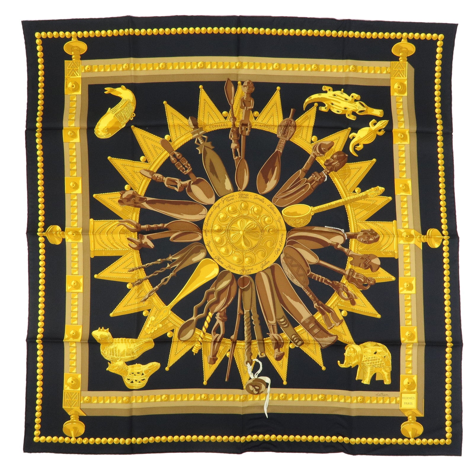 HERMES Carre 90 Silk 100% Scarf CUILLERS D'AFRIQUE Black Gold