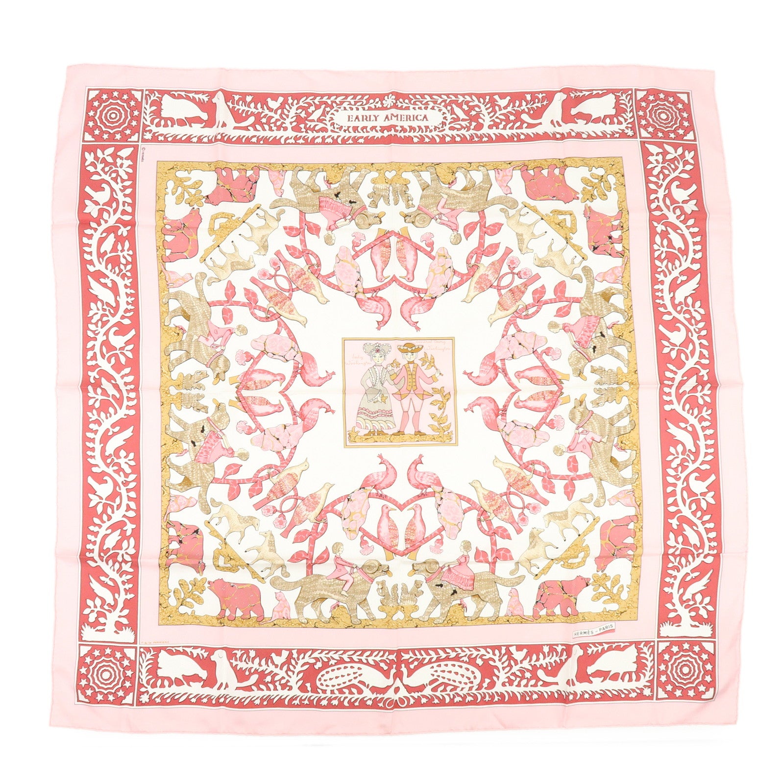 HERMES Carre 90 Silk 100% Scarf EARLY AMERICA Pink