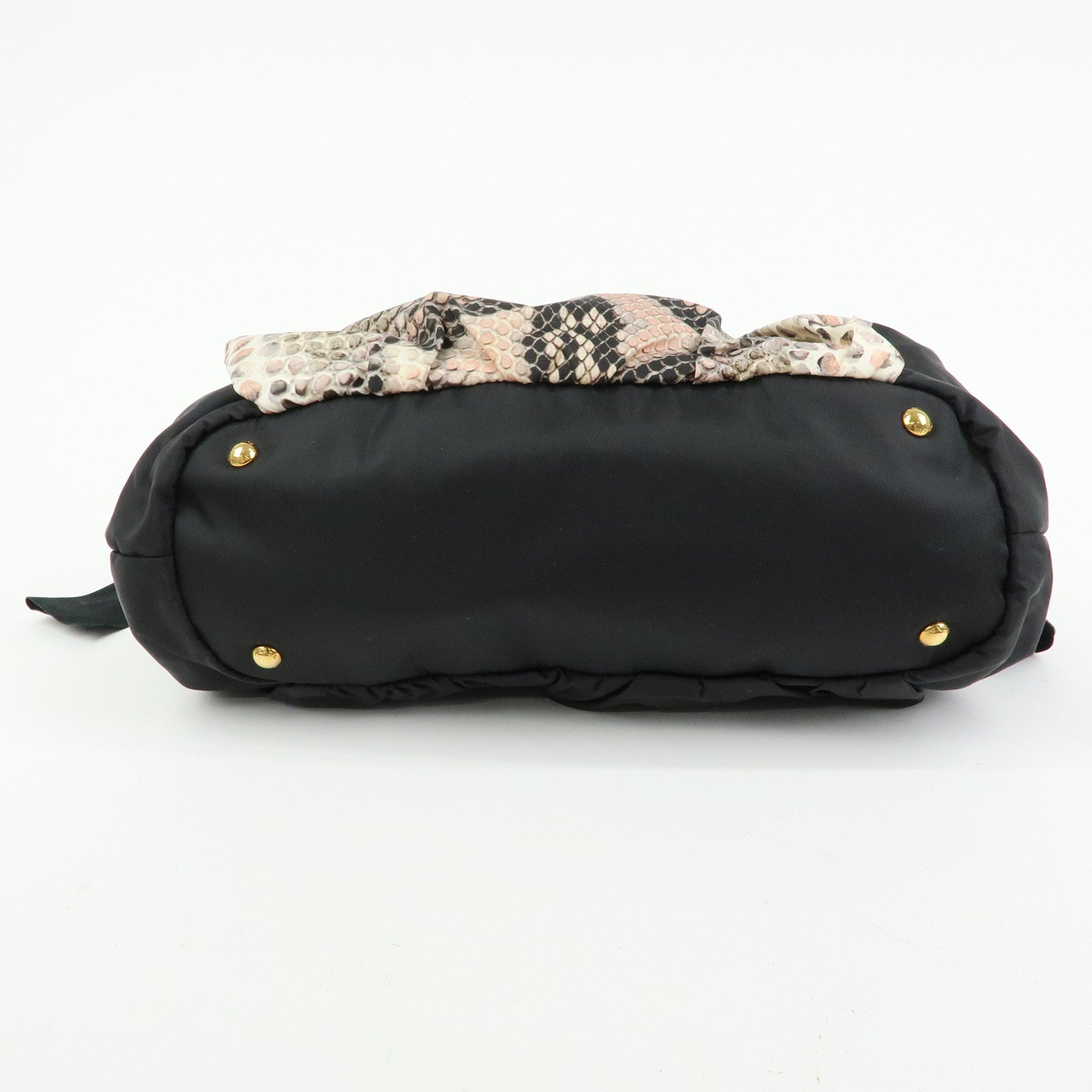 Prada Nylon Leather Ribbon Python Print Tote Bag Black Pink BR4206