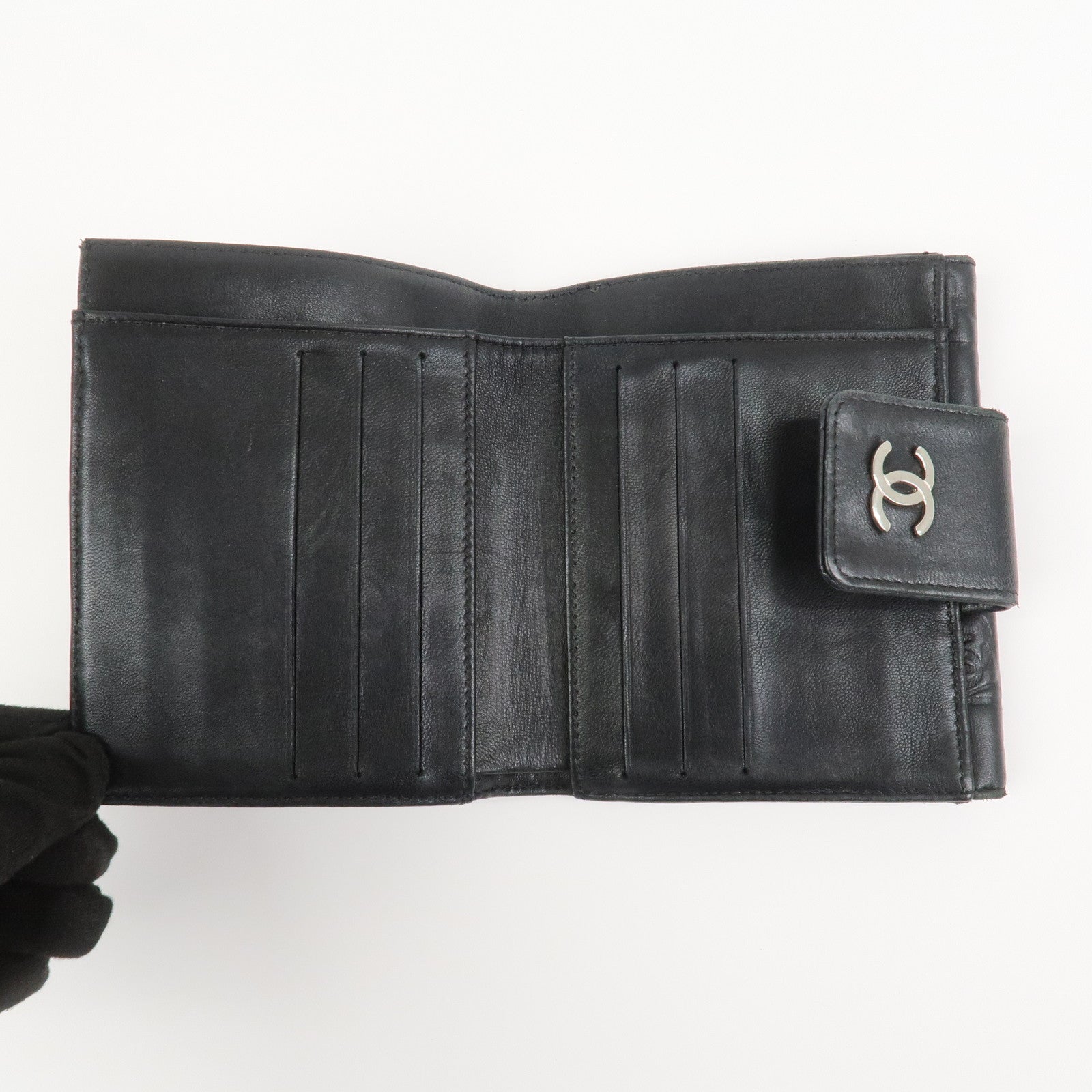 CHANEL Icon Line Lamb Skin W Flap Bi-fold Wallet Black A24212