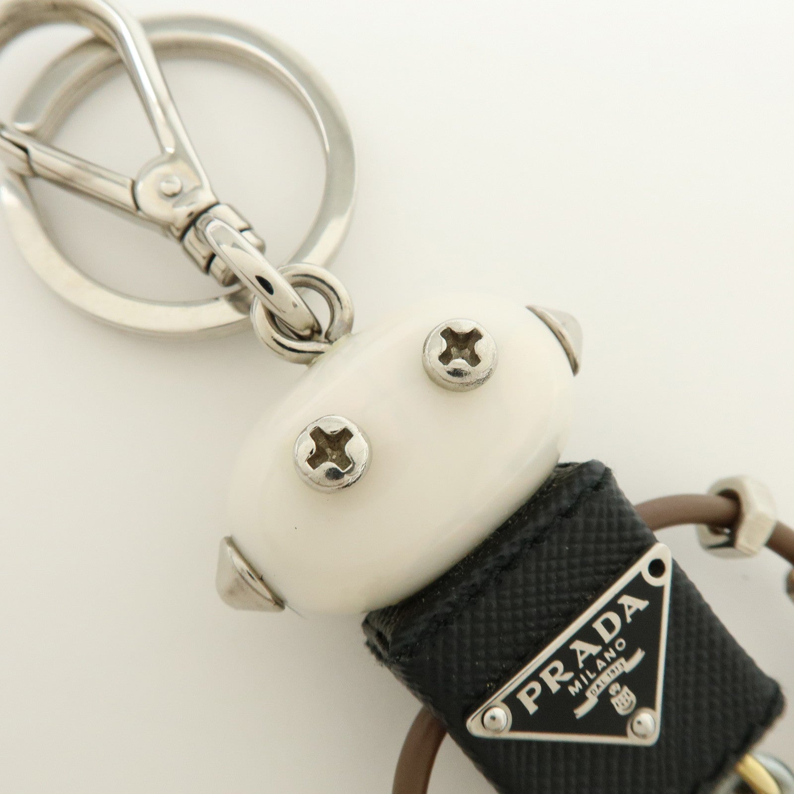 PRADA Triangle Logo Leather Metal Bag Charm Key Charm Black 1ARA97