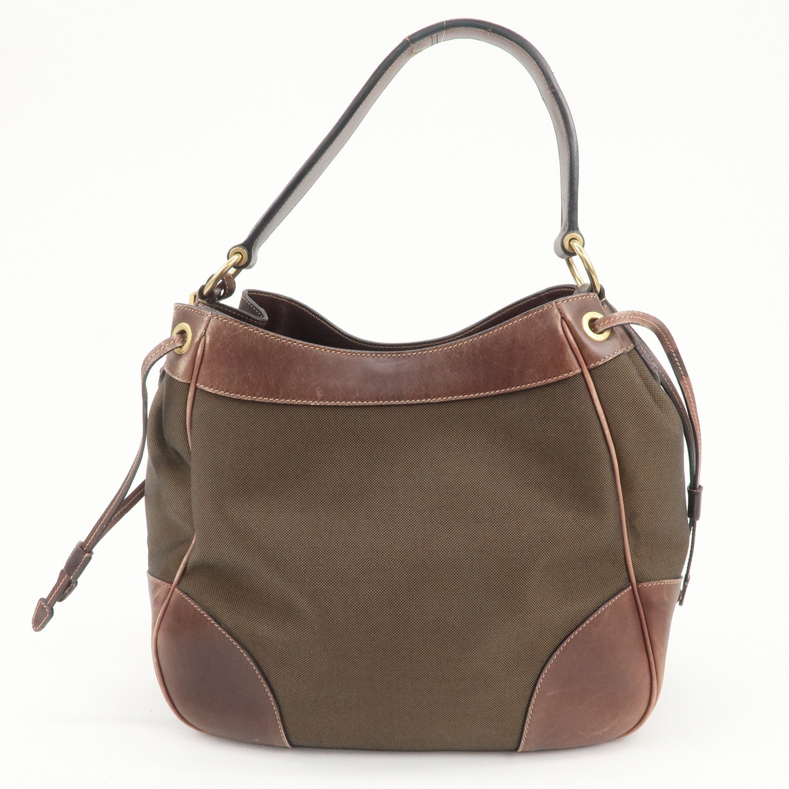 PRADA Triangle Logo Canvas Leather Shoulder Bag Hand Bag Brown