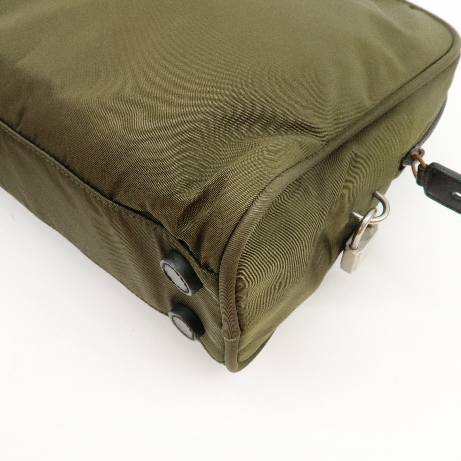 PRADA Triangle Logo Nylon Leather Hand Bag Boston Bag Khaki