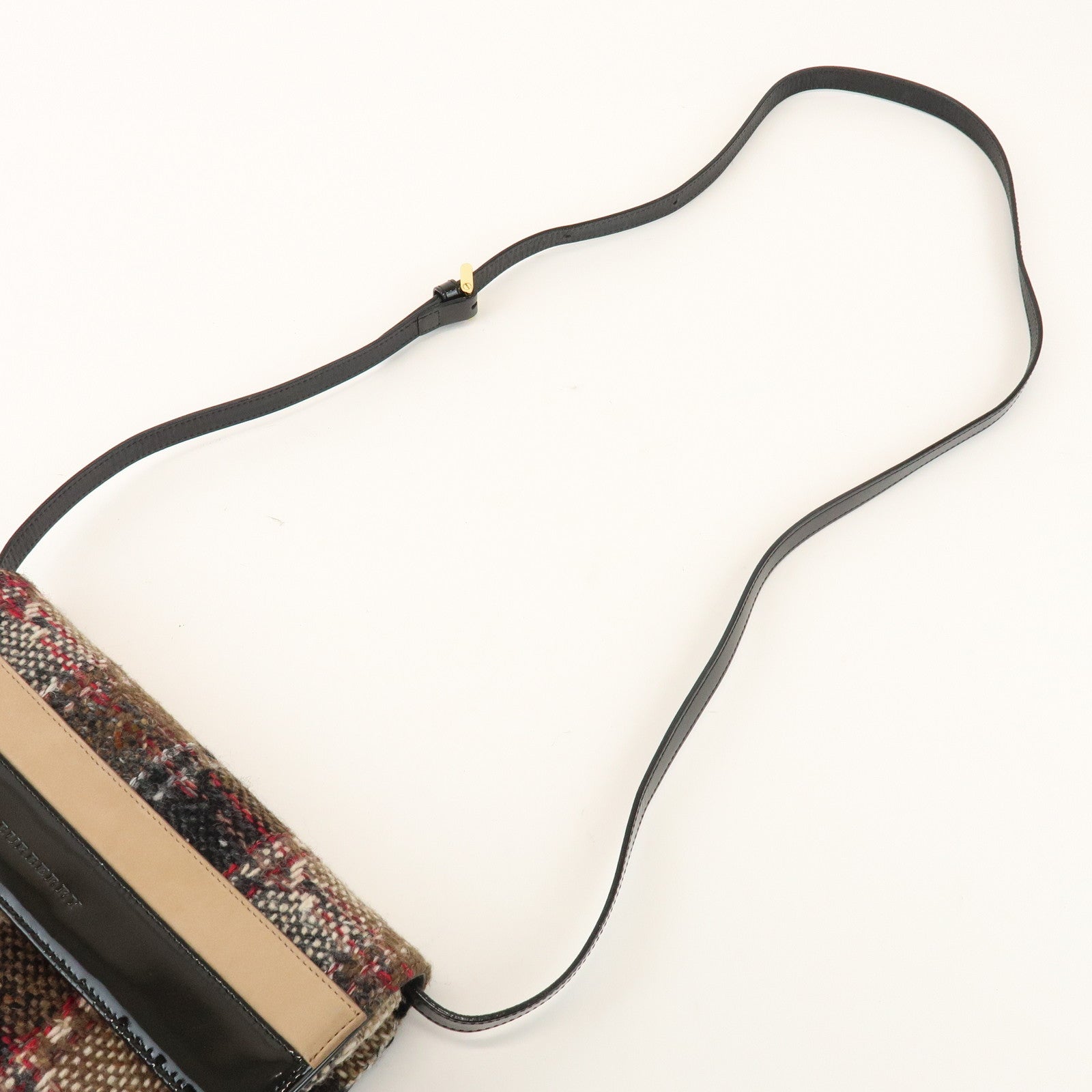 BURBERRY Tweed Patent Leather Suede Shoulder Bag Plaid Beige Black