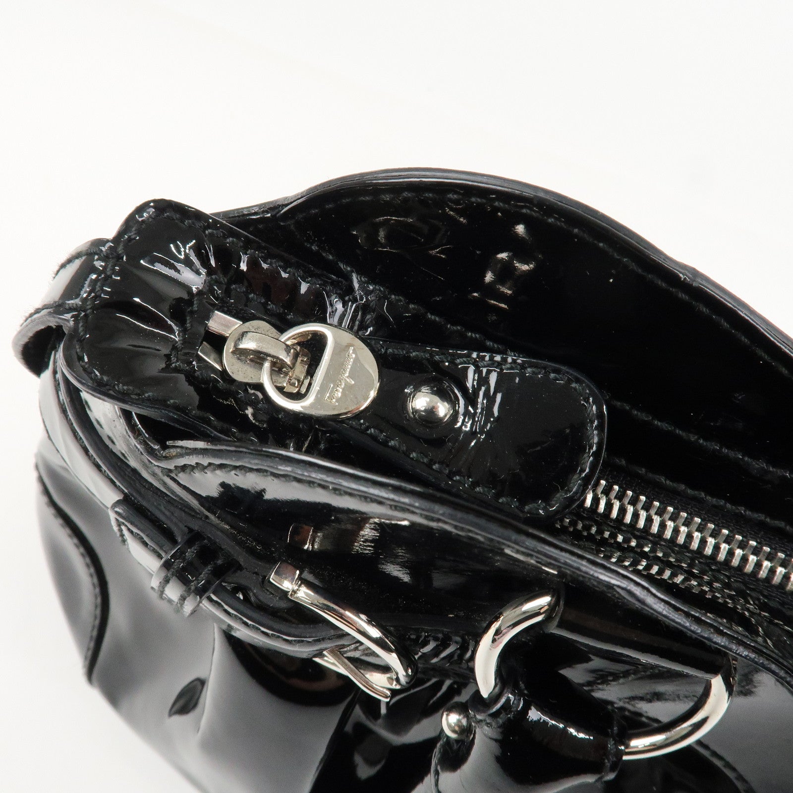 Ferragamo Gancini Patent Leather Shoulder Bag Black Silver HDW Used