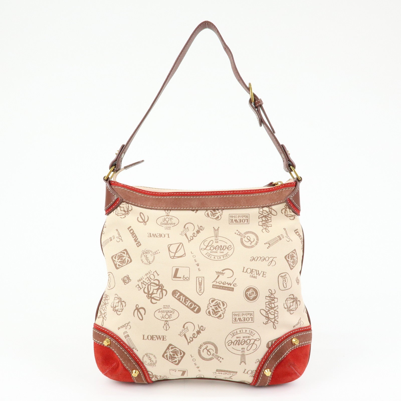 LOEWE Canvas Leather Suede Shoulder Bag Hand Bag Beige Red