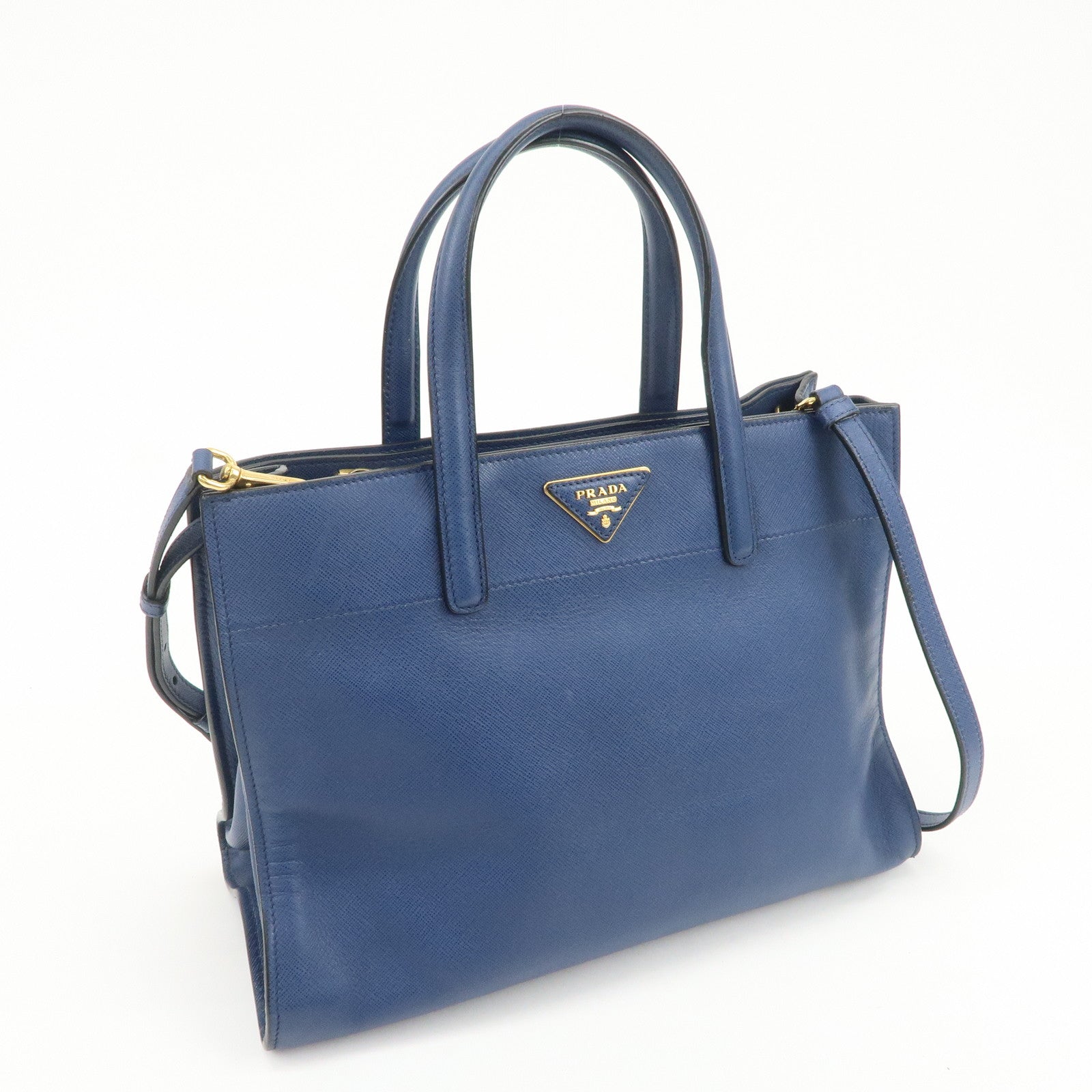 PRADA Triangle Logo Saffiano Leather 2Way Bag Hand Bag Navy