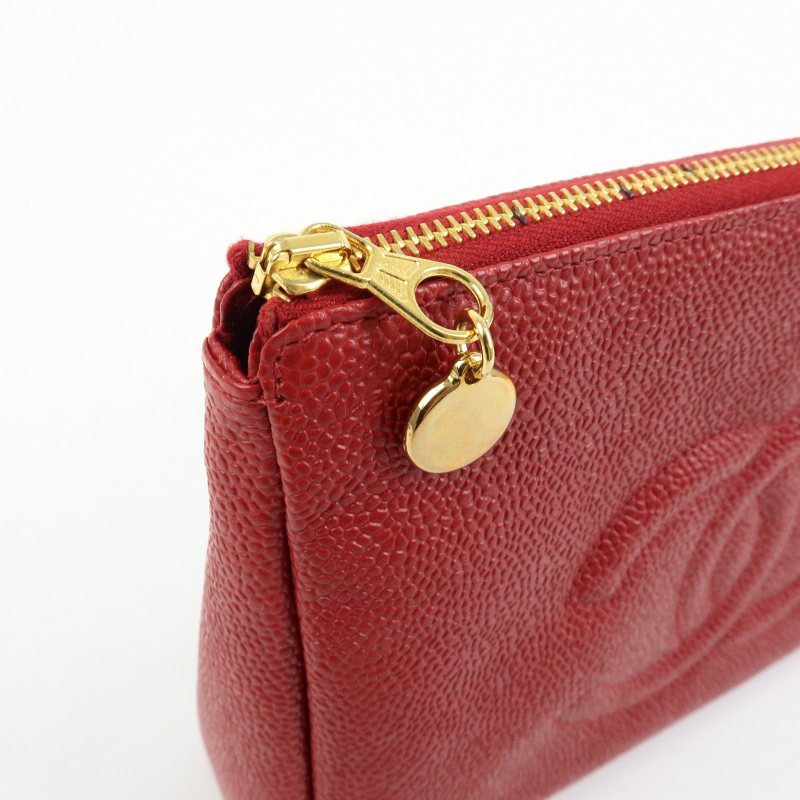 CHANEL COCO Mark Caviarskin Cosmetic Case Makeup Bag Pouch Red