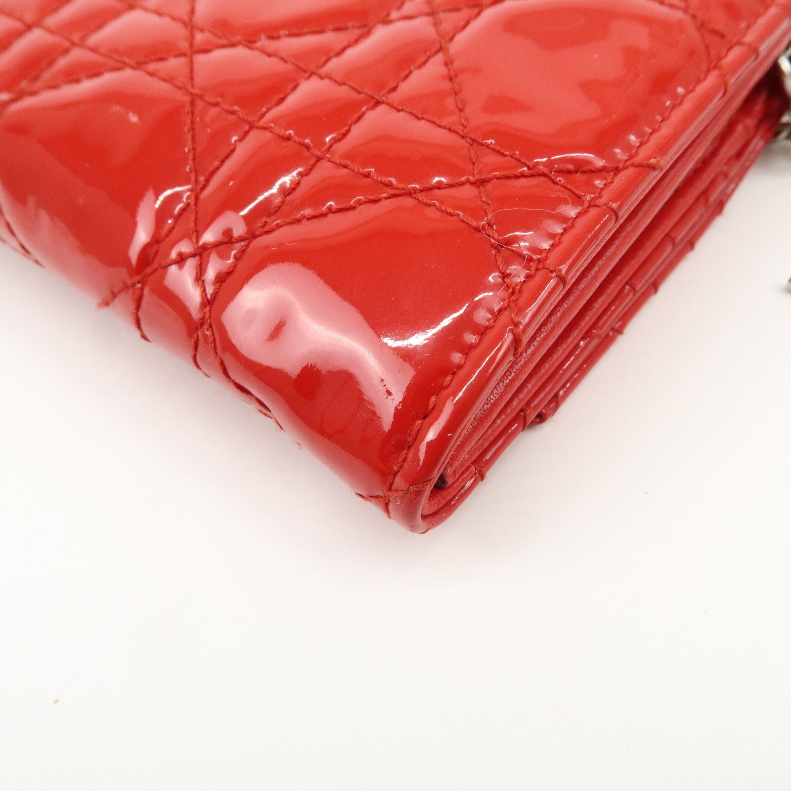 Christian Dior Lady Dior Cannage Patent Leather Chain Wallet Red Silver Used