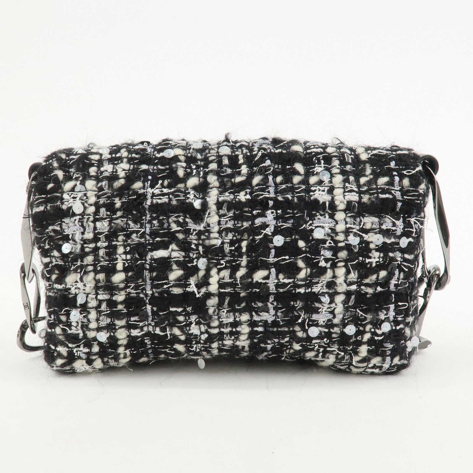 CHANEL Tweed Chain Shoulder Bag Hand Bag Black White 8645695
