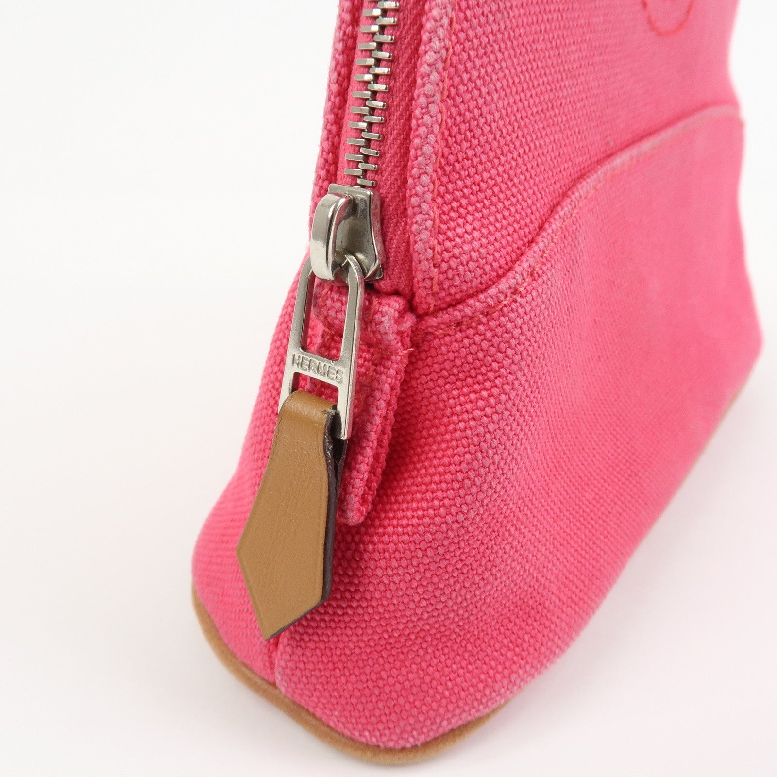 HERMES Canvas Leather Bolide Pouch Cosmetic Pouch Makeup Bag Pink