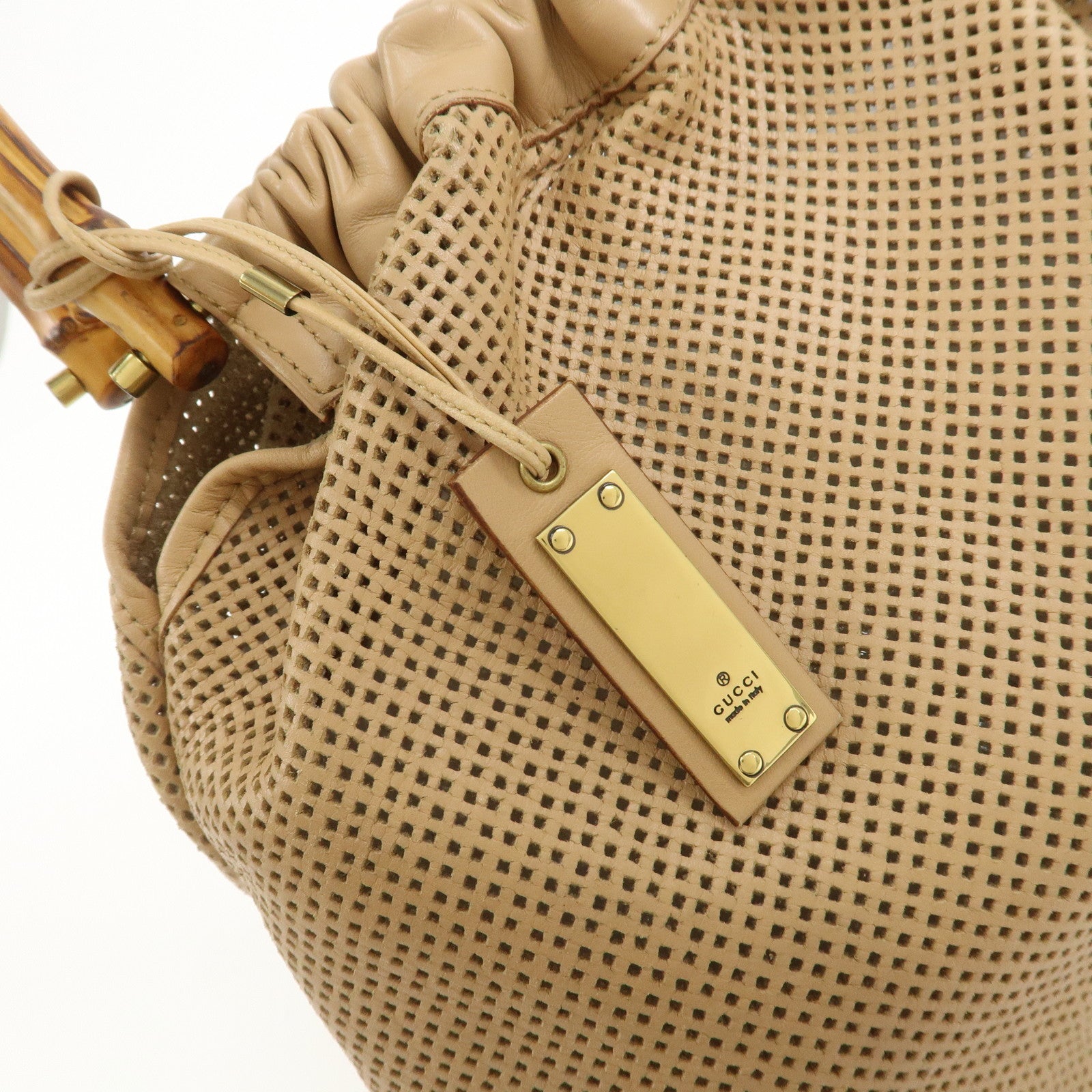 GUCCI Bamboo Leather Shoulder Bag Hand Bag Beige 92708