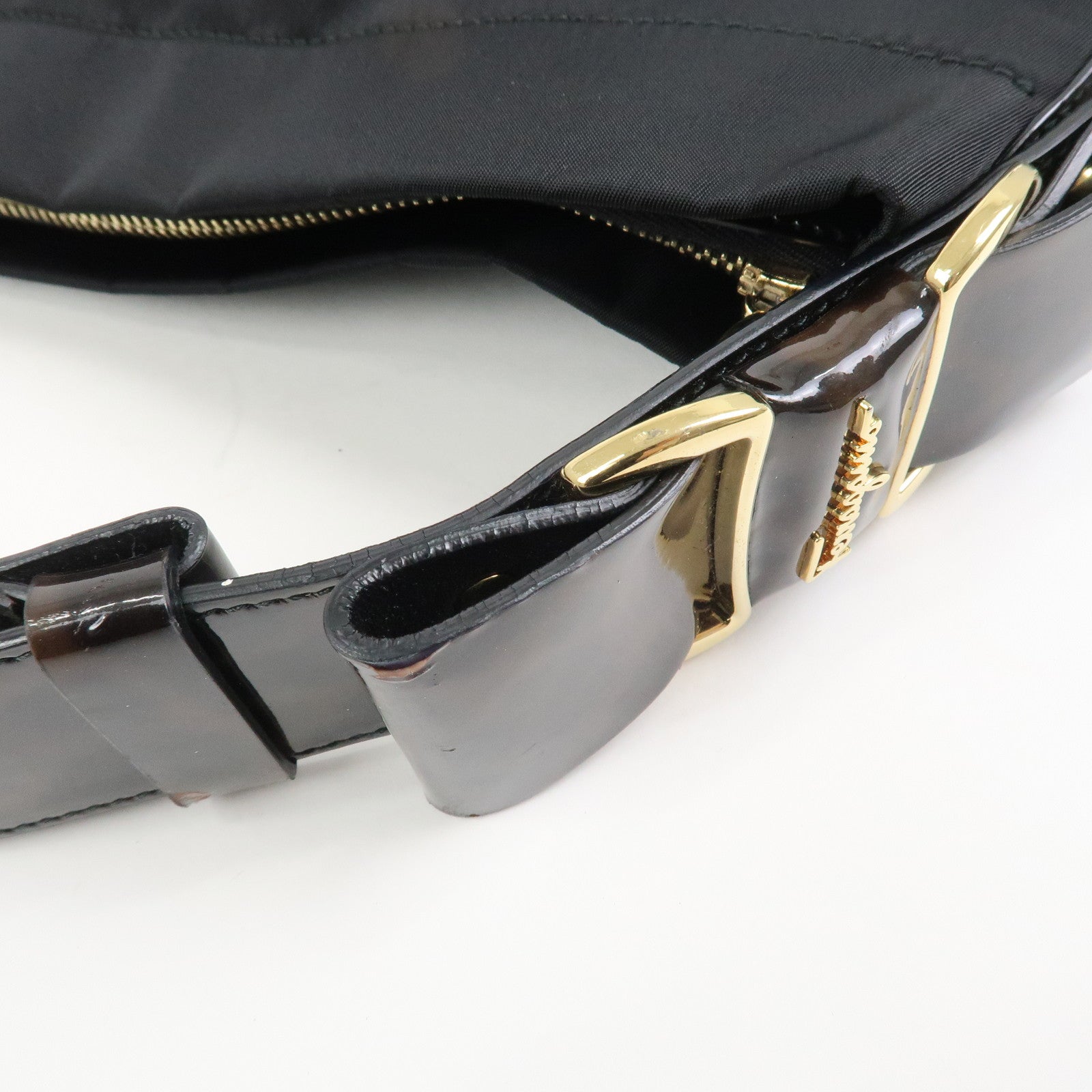 Ferragamo Nylon Patent Leather Shoulder Bag Hand Bag Leopard Black