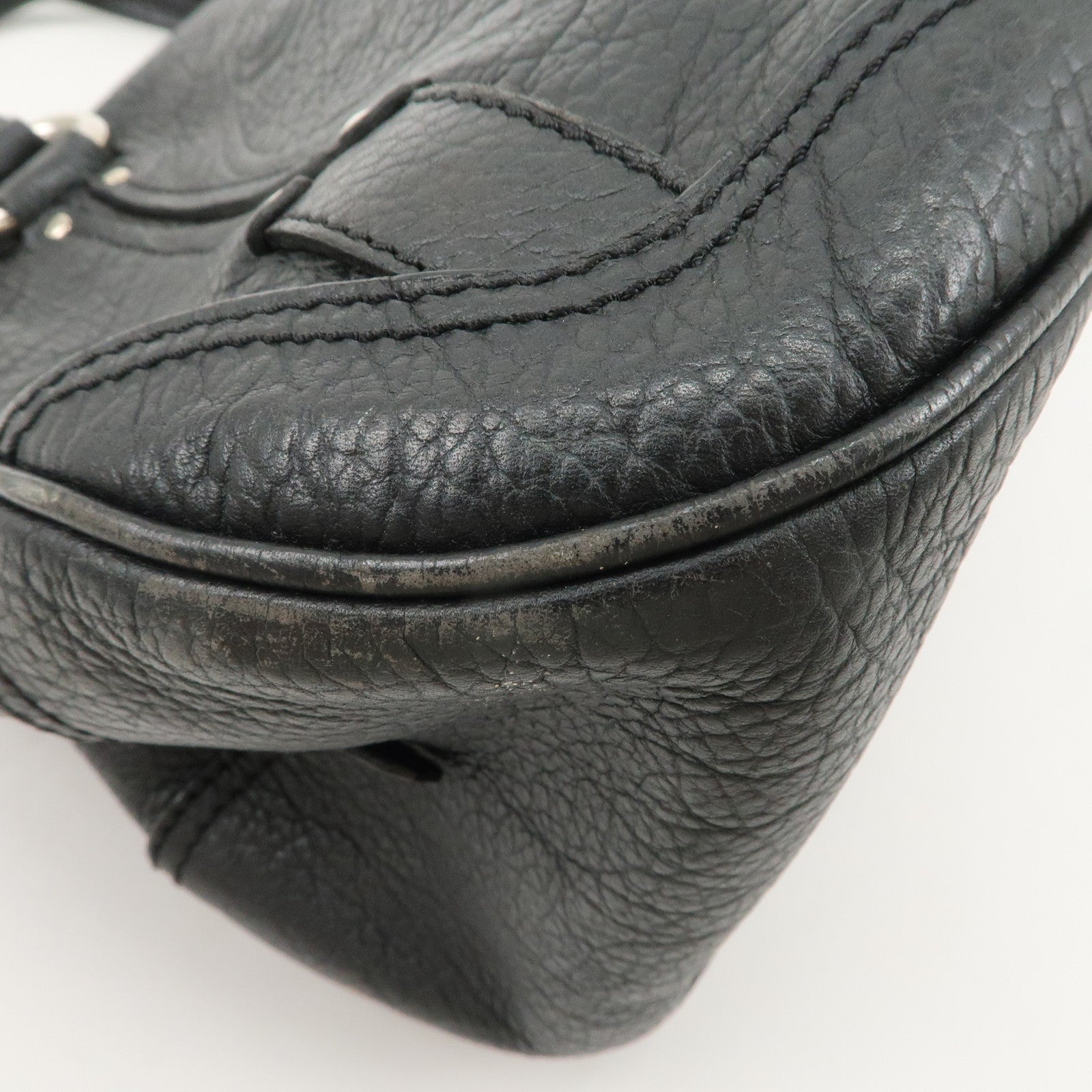 CELINE Leather Boston Bag Hand Bag Black Silver Hardware Used