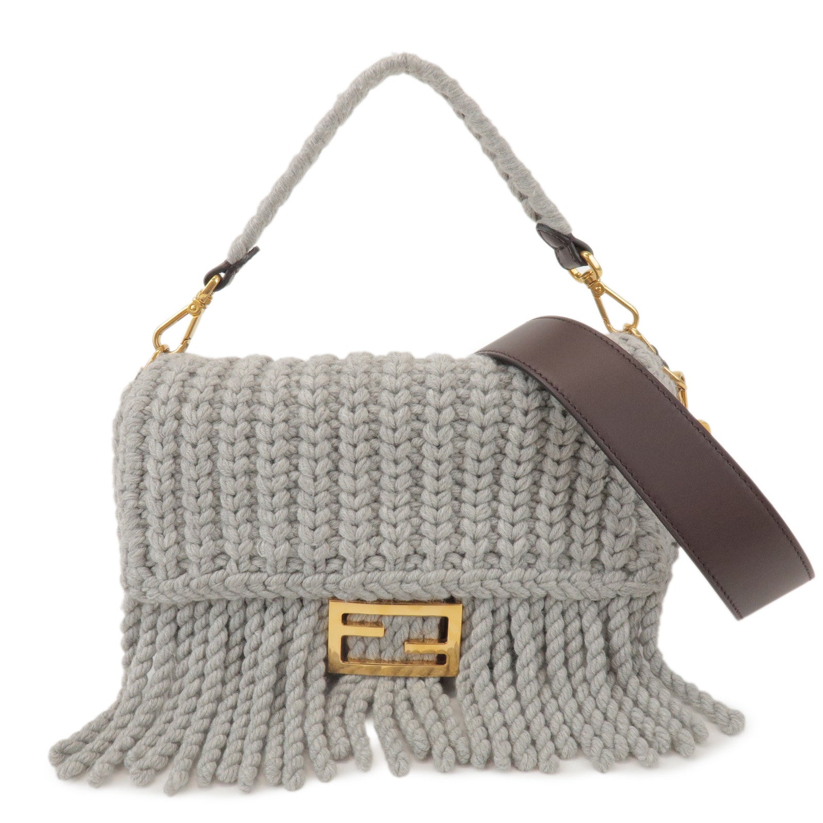 FENDI Zucca Knit Leather 2Way Shoulder Bag Baguette Grey SBR600