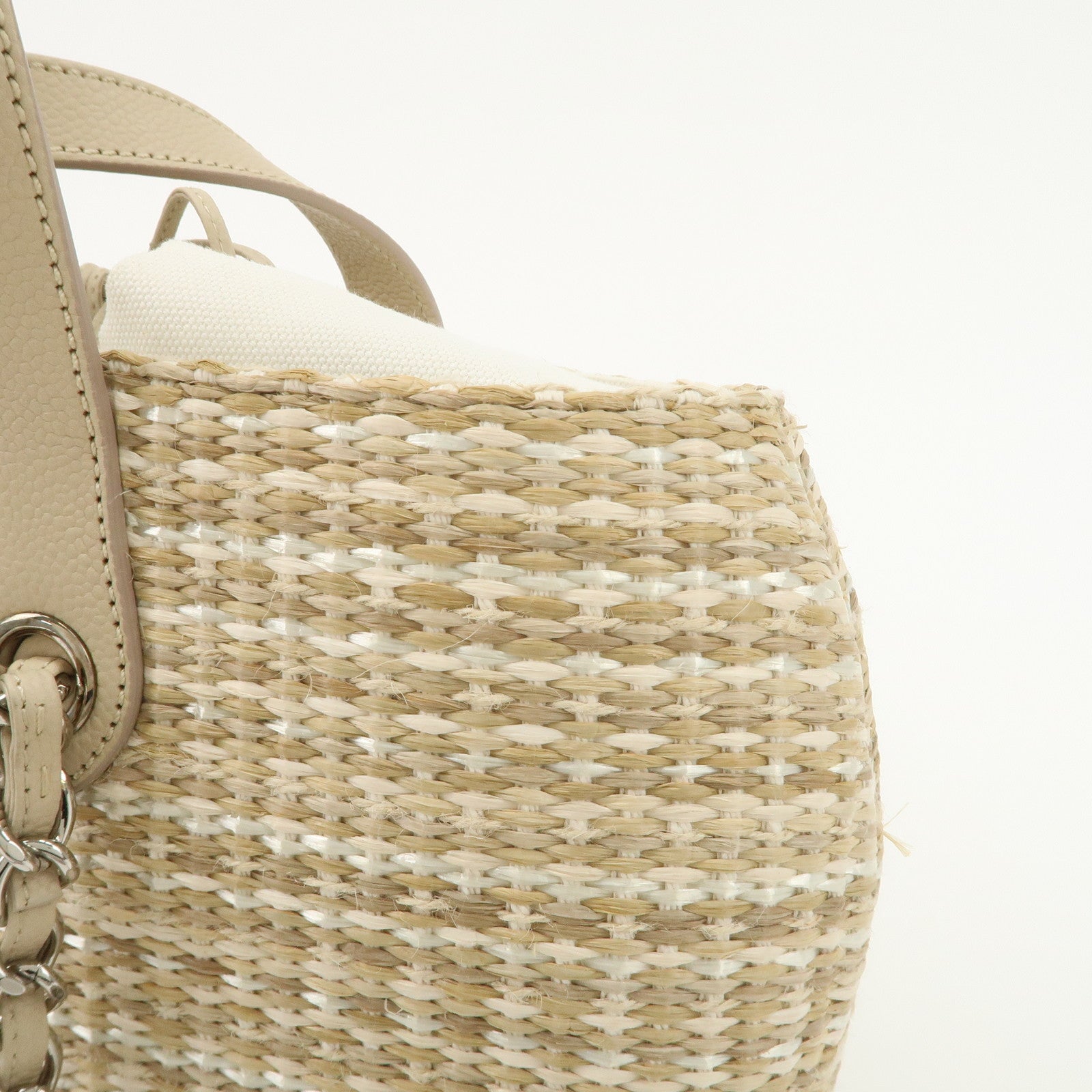 CHANEL Lether Raffia 2Way Bag Shoulder Bag Hand Bag Beige